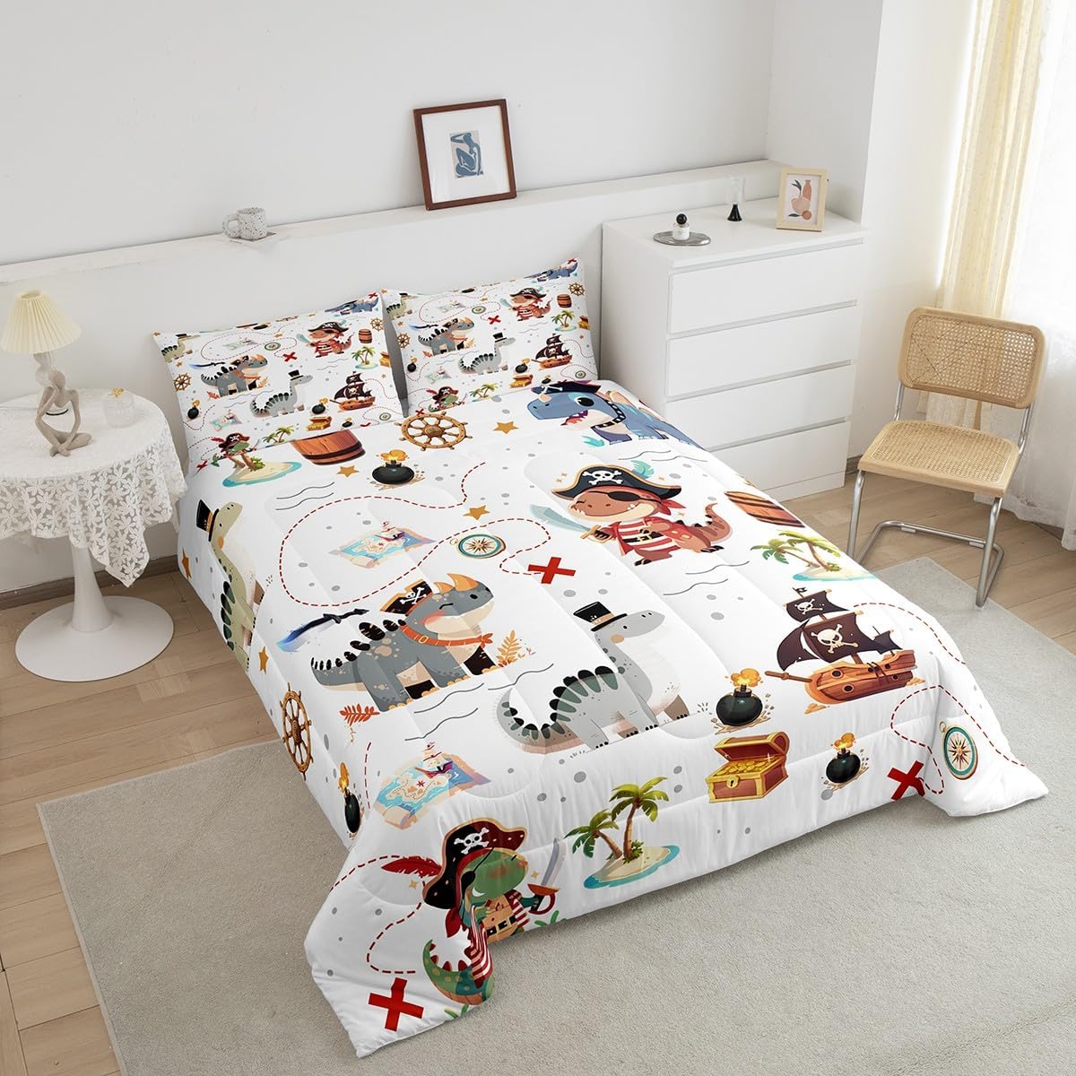 Homewish Pirate Dinosaur Kids Comforter Set Queen Size for Boys,Sea Nautical Map Theme Bedding Set 3Pcs,Child Teens Bedroom Decor,Cartoon Animals Quilt Set Ocean Adventure Duvet Insert,2 Pillowcases