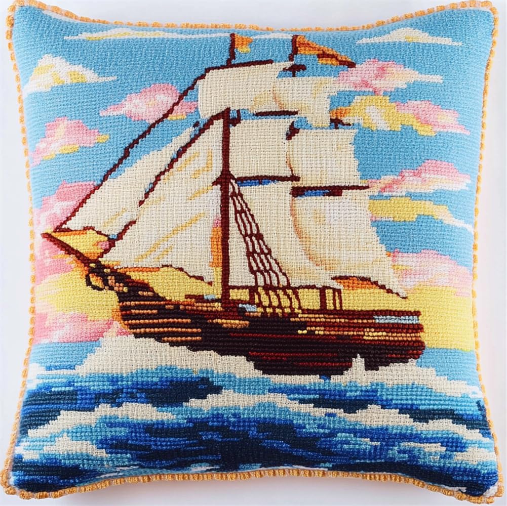 ORLUMY DIY Latch Hook Kitslatch Hook Kits Sailing Ship Latch Hook Kits for DIY Throw Pillow Cover Craft Kits with Printed Canvas 43X43Cm,