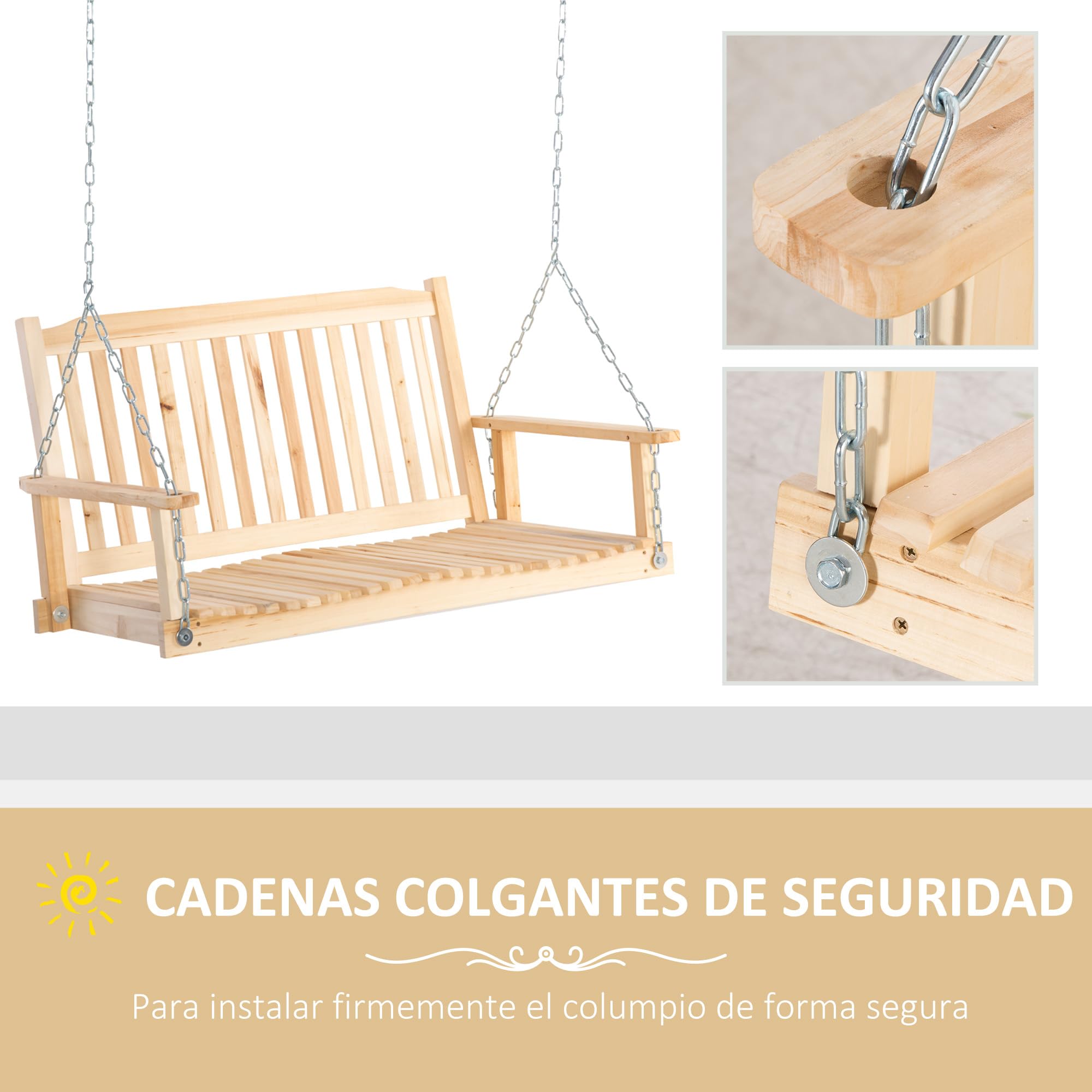 Outsunny Banco Columpio de Madera de 2 Plazas Banco Balancín Colgante con Reposabrazos Cadenas Ajustables y Diseño Listones Carga 200 kg para Jardín Terraza Balcón 117x69x60 cm Natural