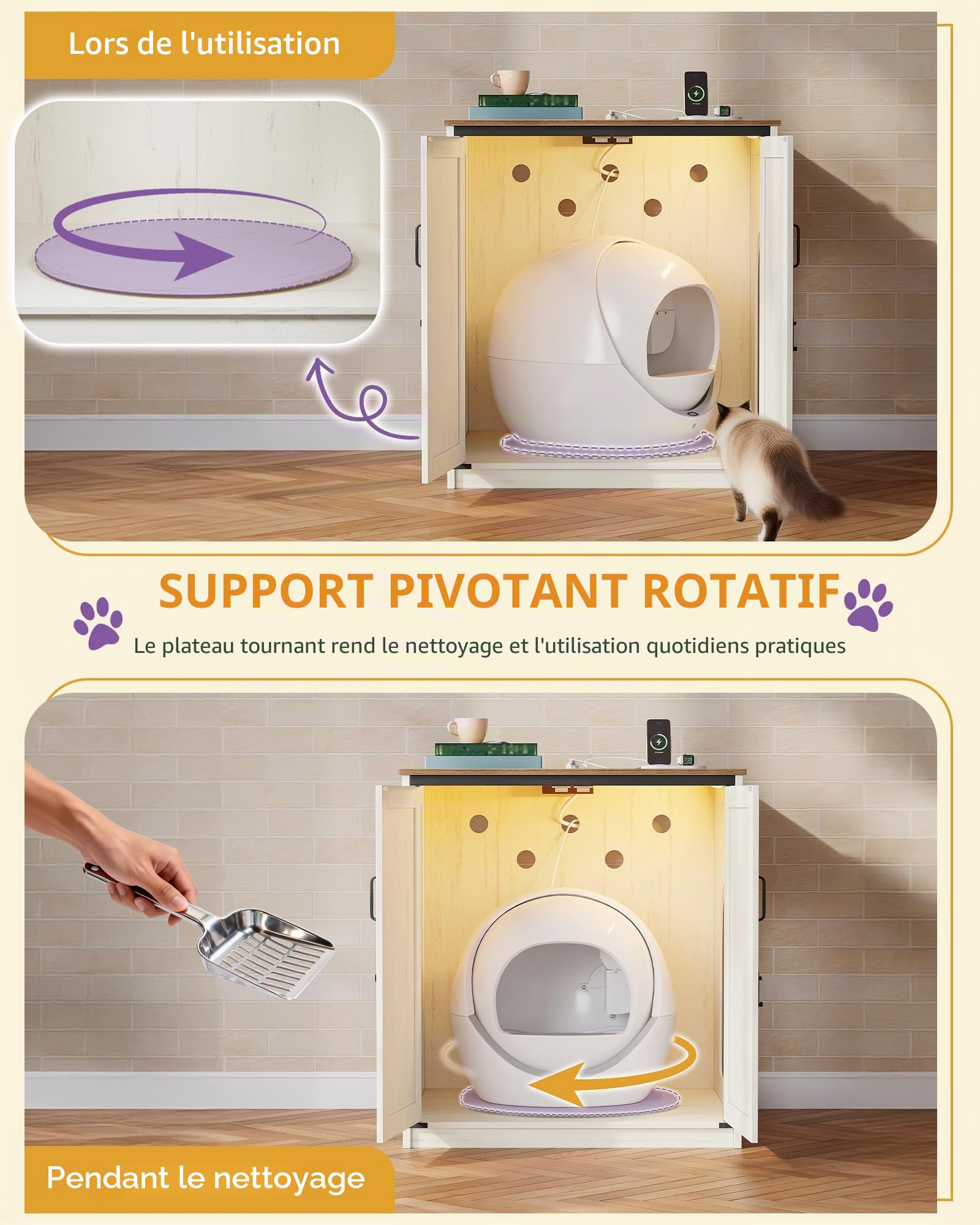 Hzuaneri Meuble Litiere Chat, 82 × 70 × 90 cm, Maison de Toilette Chat Dissimulant, Prise Électrique et Serrure, Convient aux Bacs Litiere Chat Autonettoyante, Marron Rustique et Blanc CB86114XEU