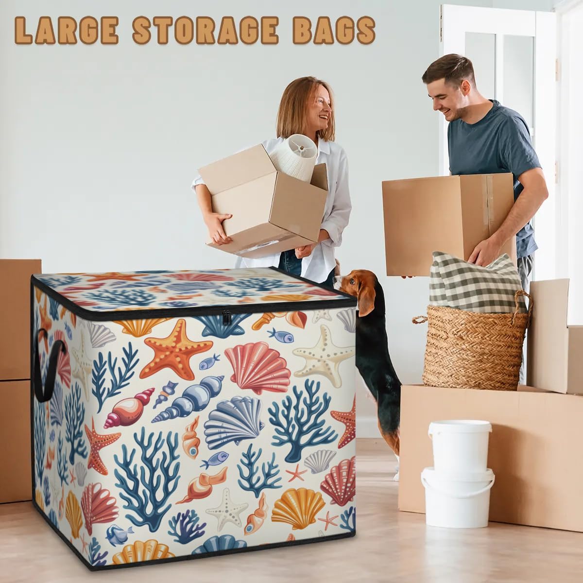 Honeybaby 214L Extra Large Comforter Storage Bag Starfish Ocean Seashell Storage Totes with Lids Waterproof Closet Organizer Folding Blanket Storage Bags for Clothes Bedding Pillows