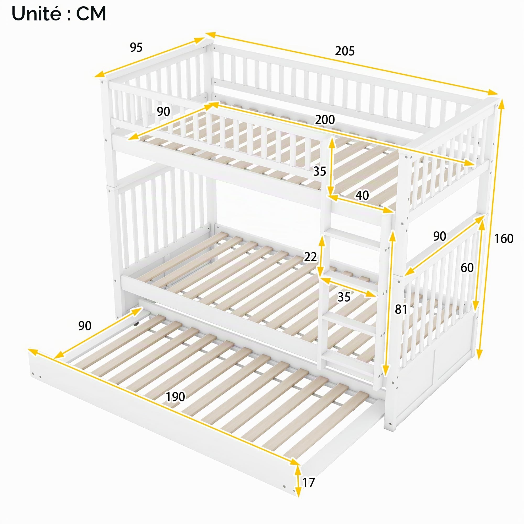 Sapgaks Lit superpose Enfant avec lit gigogne, Se transforme en Deux Lits de 90x200cm,Lit Enfant 90x200cm,Lits Convertibles, Blancs