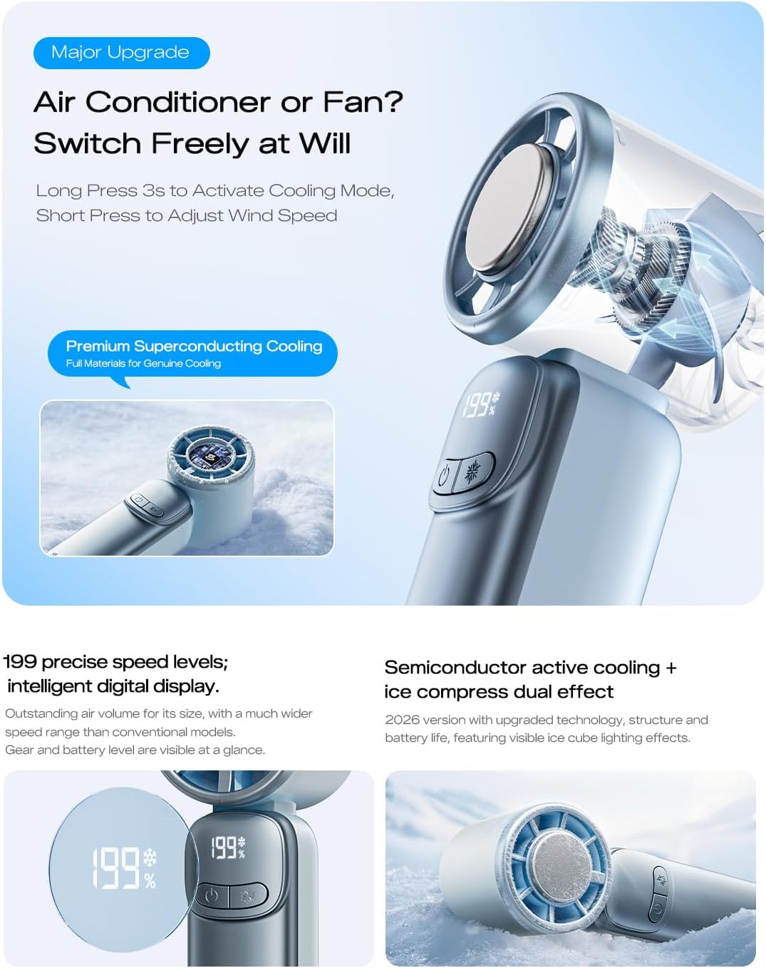 MAGIC JOHN Portable Handheld Turbo Fan with Ice Cooling, Rechargeable Personal Fan, 199 Speed Powerful Portable Fan for Travel, Outdoor, Camping, Hiking, Blue