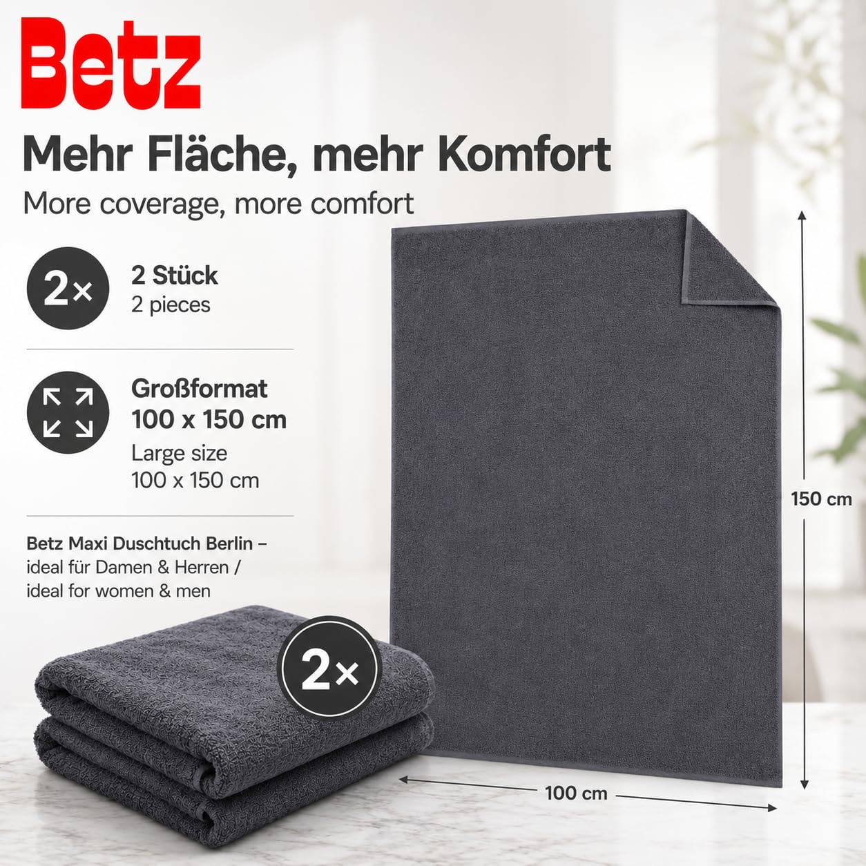 Betz 2 Piezas Maxi Toallas de Ducha XXL Toalla de baño tamaño 100x150cm Berlin Color Gris Oscuro - Berlin