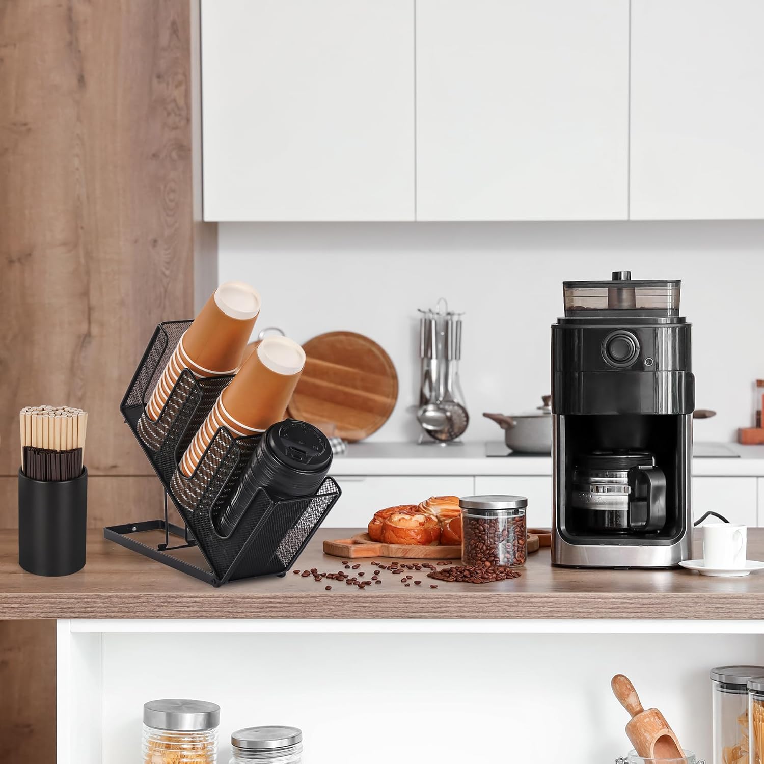 Paper Cup and Lid Holder with Straw Organizer for Countertop Coffee Station Bar Restaurant Breakroom, Metal Midsize Disposable Coffee Cup Dispenser for Plastic Cup Lid Straw, Black