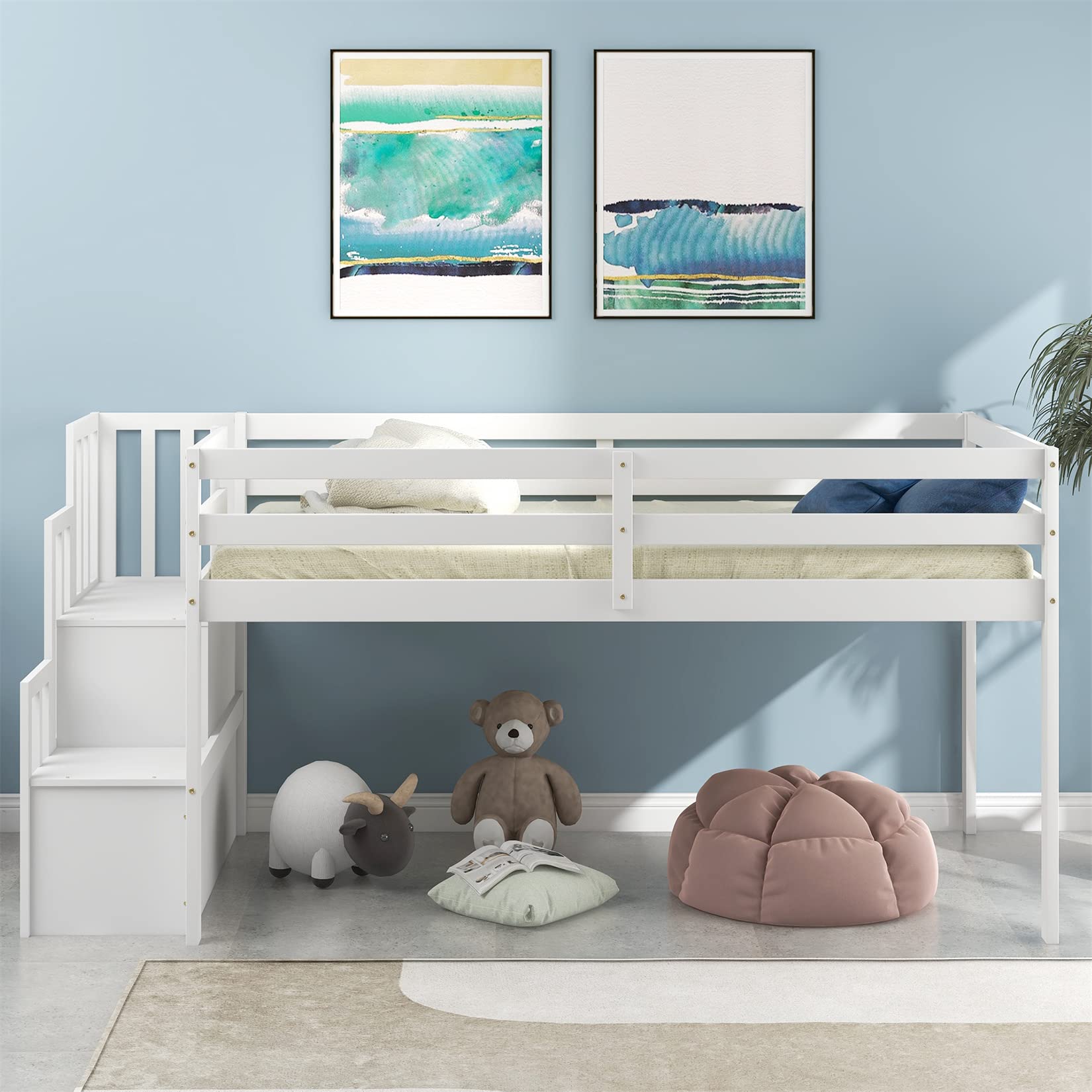 Low Loft Beds, Twin Loft Bed with Shelves Wood Loft Bed Frame with Storage Stairway for Kids Boys Girls, White