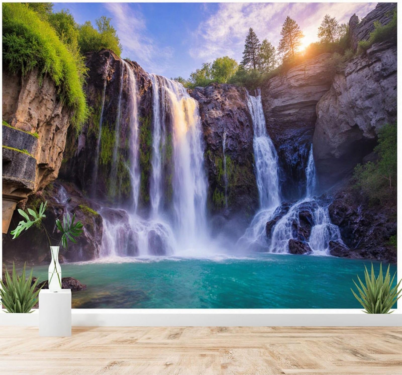 Xlming 150Cm×105Cm(B×H) Magnificent Waterfall Rocky Cliffs Green Forest Sunshine Natural Scenery 3D Wallpaper Silky Texture Home Study Office Grey Dining Room Sofa Bedroom Living Room Tv Backdrop-150Cm×105Cm