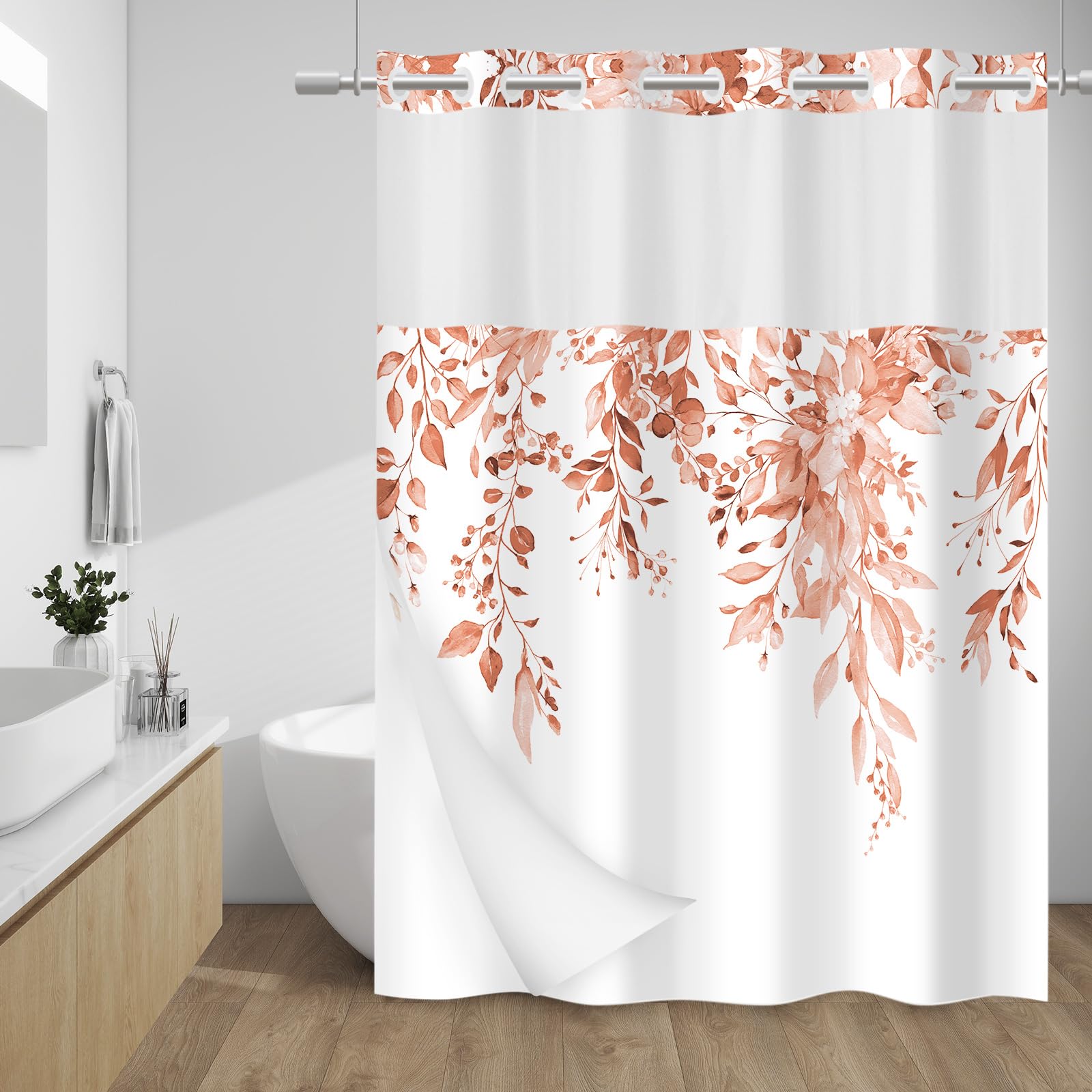 WITHLOC No Hook Shower Curtain with Snap in Liner - Eucalyptus Shower Curtain - Fabric Waterproof Inner Liner, Plants Blush Leaves Modern Shower Curtains - Machine Washable, 71 x 74