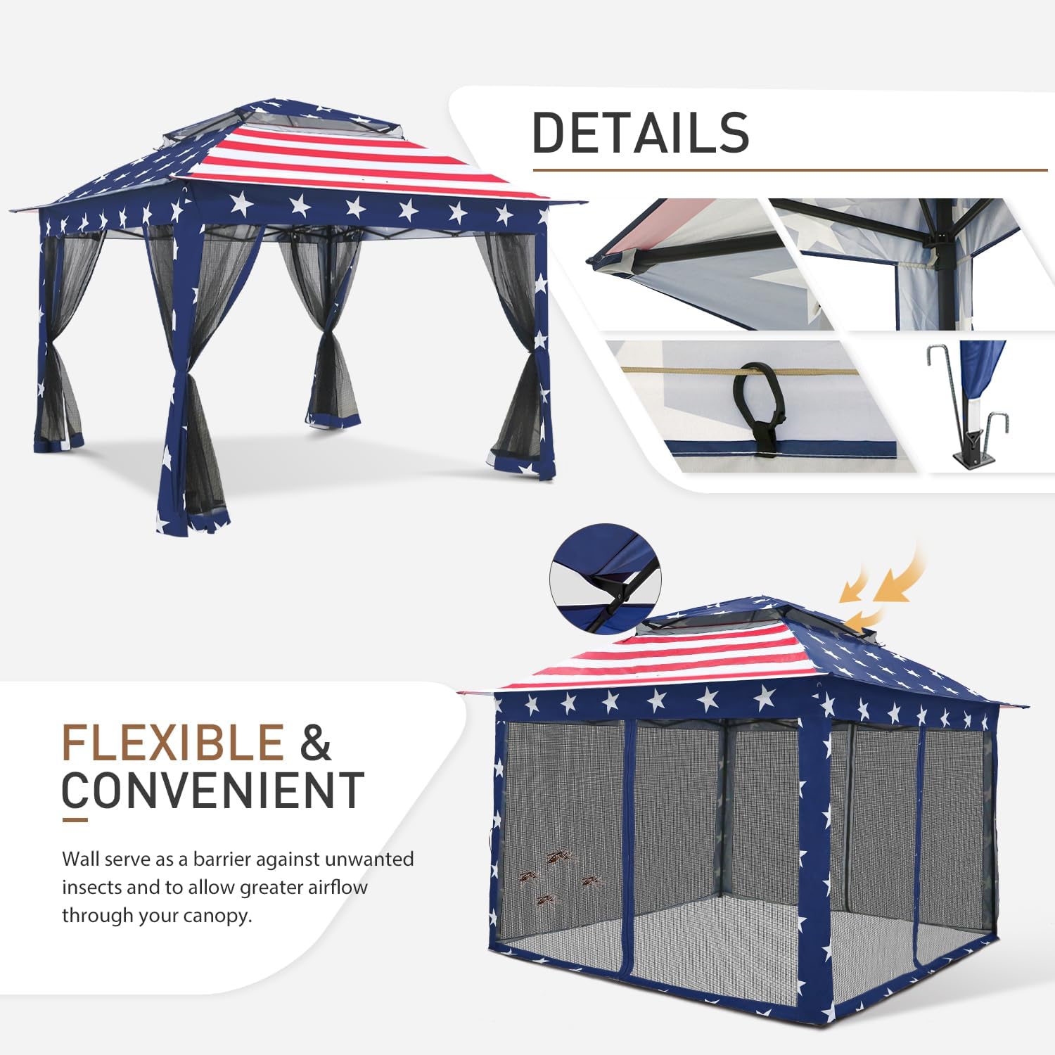 COOS BAY 11x11 Pop Up Gazebo with Mesh Netting, Instant Outdoor Canopy Tent, Water Resistant Shelter with UPF 50+ UV Protection, 121 Sq Ft Coverage, American Flag