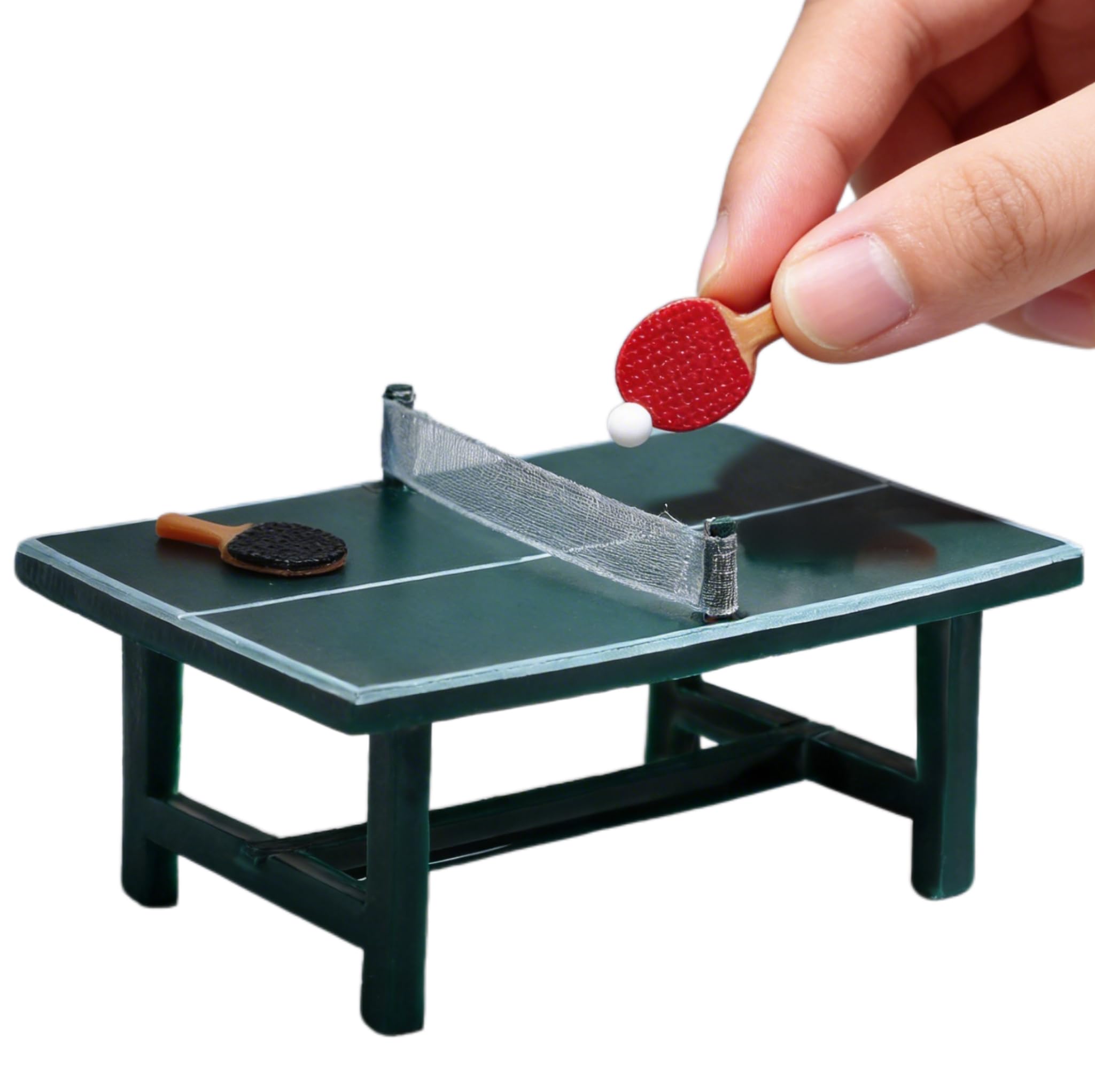 NUOBESTY Miniature Table Tennis Set for Dollhouse, Mini Ping Pong Table with 2 Rackets and Ball Doll House Sports Decor for Fairy Garden, Cake Topper,