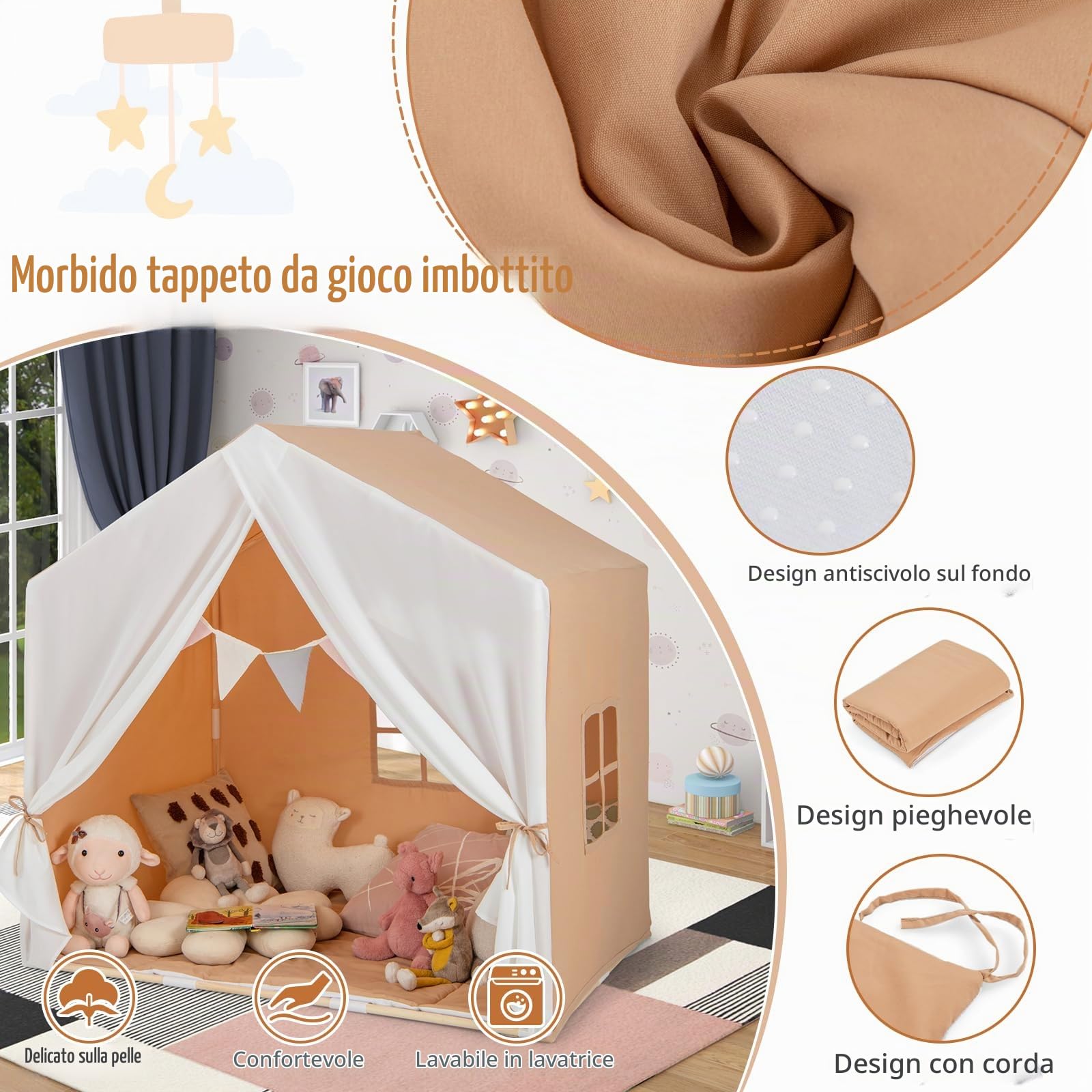HOMASIS Tenda per Bambini da Interno, Tenda Gioco con Tappetino e Bandiere, Casa da Gioco con Struttura in Legno, Tendina Principessa Cameretta per Ragazze e Ragazzi dai 3+ Anni in su (Marrone)