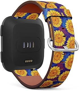 Compatible with Fitbit Versa 2 / Versa / Versa Lite / Versa SE Patterned Leather Replacement Band (Pattern with outline open Sunflower or Helianthus flower)