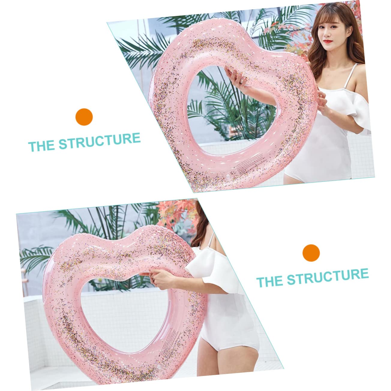 LIOOBO Inflatable Heart Pool Float Glitter Heart Swim Ring Fun Outdoor Beach Pool Accessory Portable Lightweight for Summer Water Parties