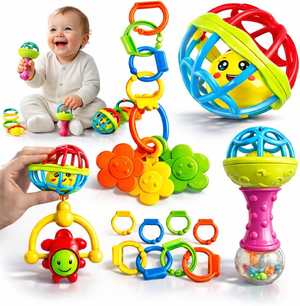 Kit Chocalho para Bebê 8 Peças Brinquedo Educativo Sensorial Mordedor Infantil Colorido Desenvolvimento Motor