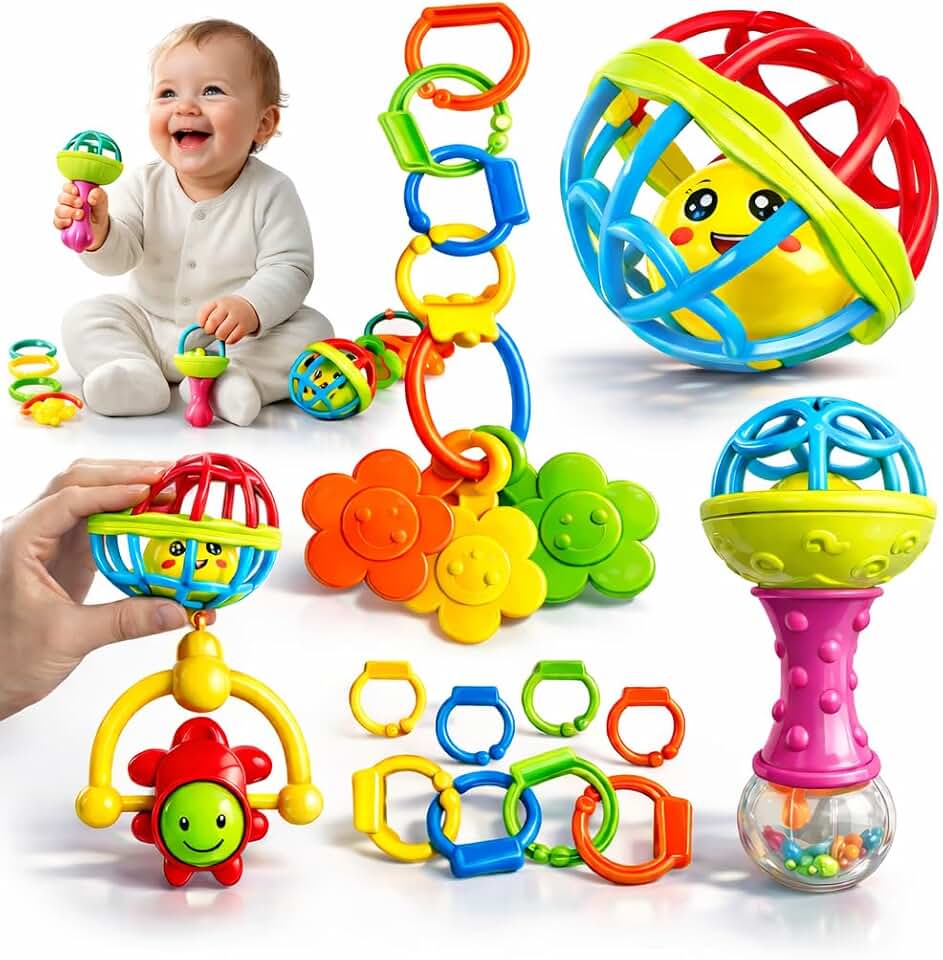 Kit Chocalho para Bebê 8 Peças Brinquedo Bebe 0 a 6 Meses Educativo Sensorial Mordedor Infantil Colorido Desenvolvimento Motor