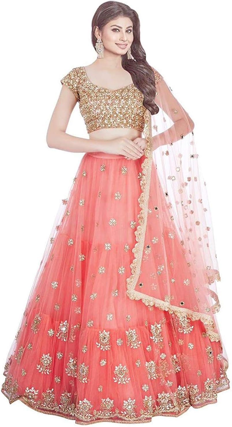 Varudi Fashion Women's Embroidered Orange Semi Stitched Lehenga Choli With Blouse Piece (O1_Orange_FreeSize)