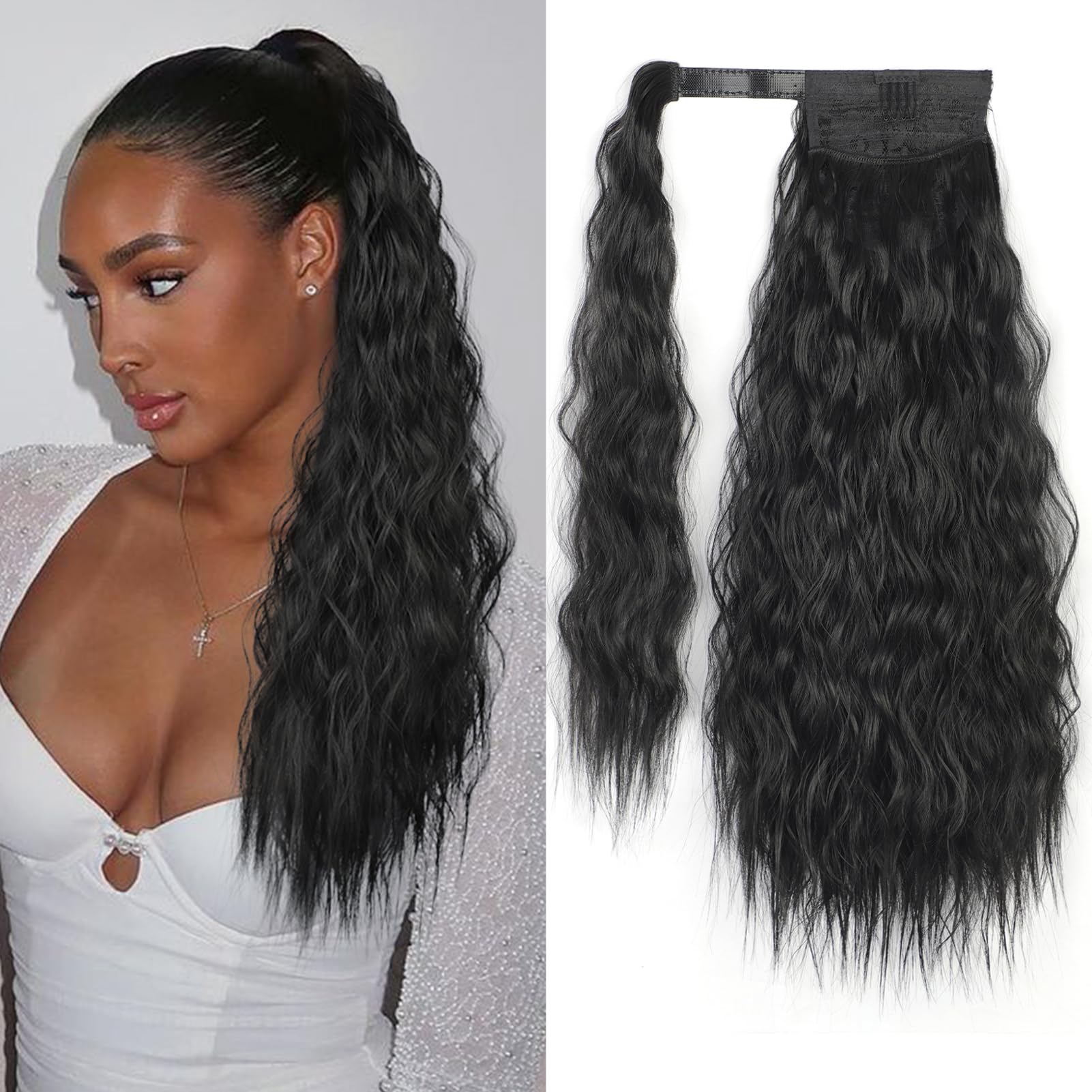 Stamped GloriousLong Corn Wave Ponytail Extension Magic Paste Heat Resistant Wavy Synthetic Wrap Around Ponytail Black Hairpiece for Women(18 inch-Black)
