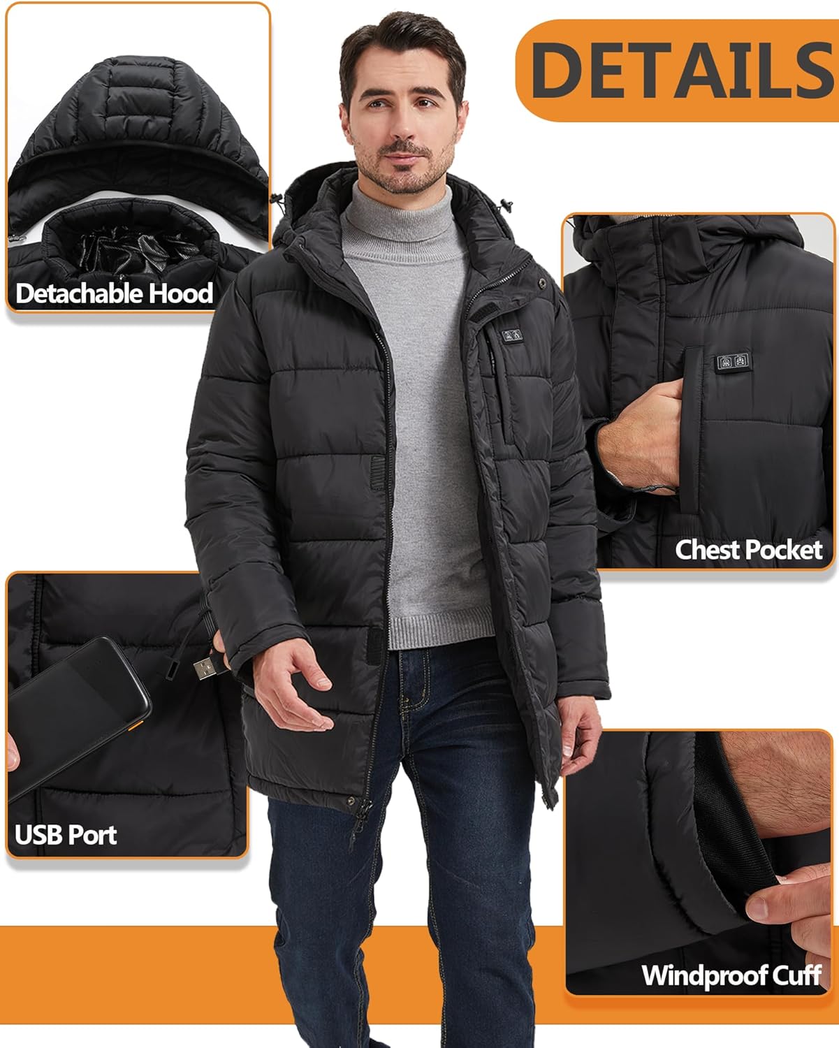 Heated Jackets for Men, Mens Heated Jacket with 8 Heat Zones, Mens Heated Coat for Winter Outdoor - Image 6