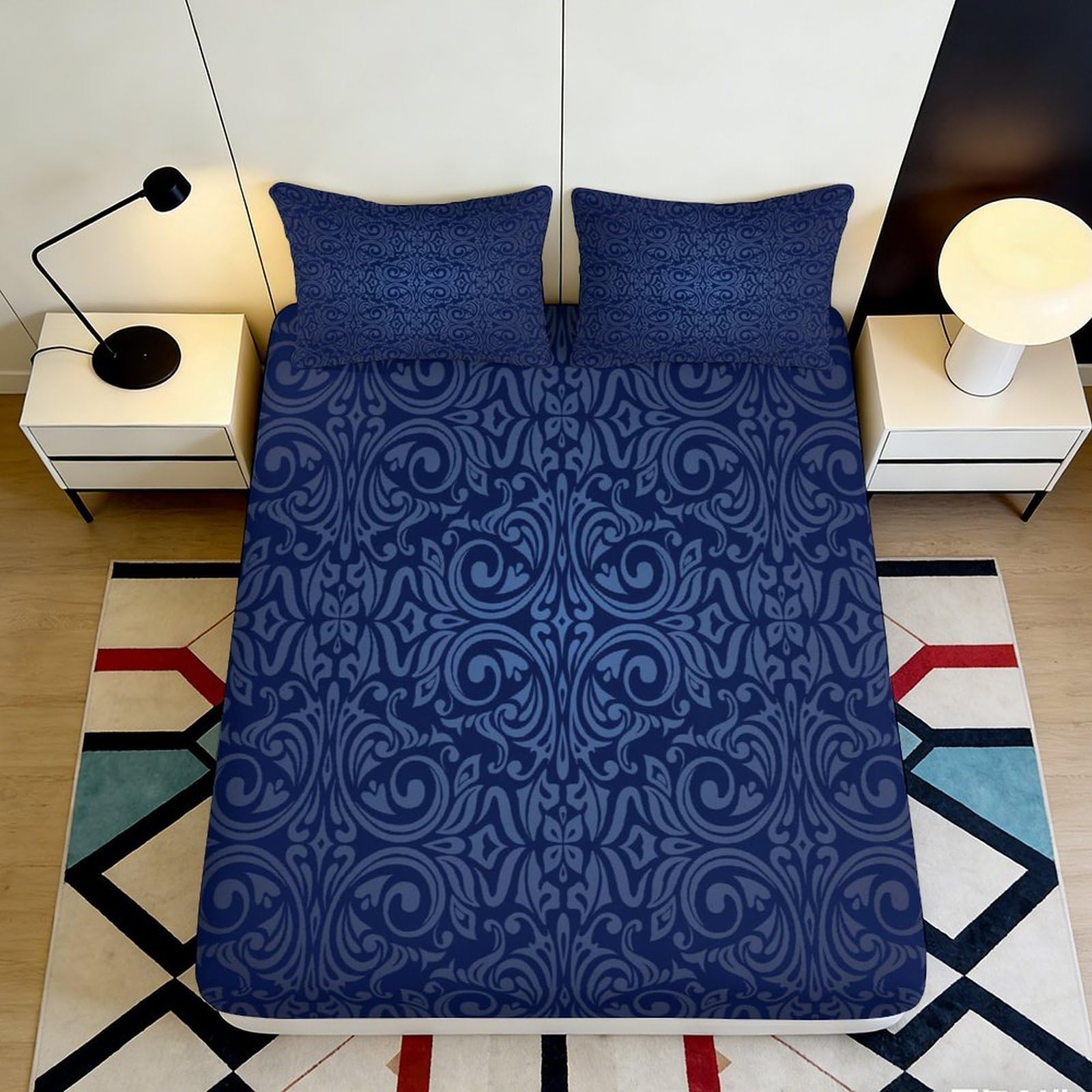 3D Printed Navy Paisley Fitted Sheet Microfiber Soft Breathable Abstract Swirl Mattress Cover for Bedroom Guest Room Decor 90x200x25cm