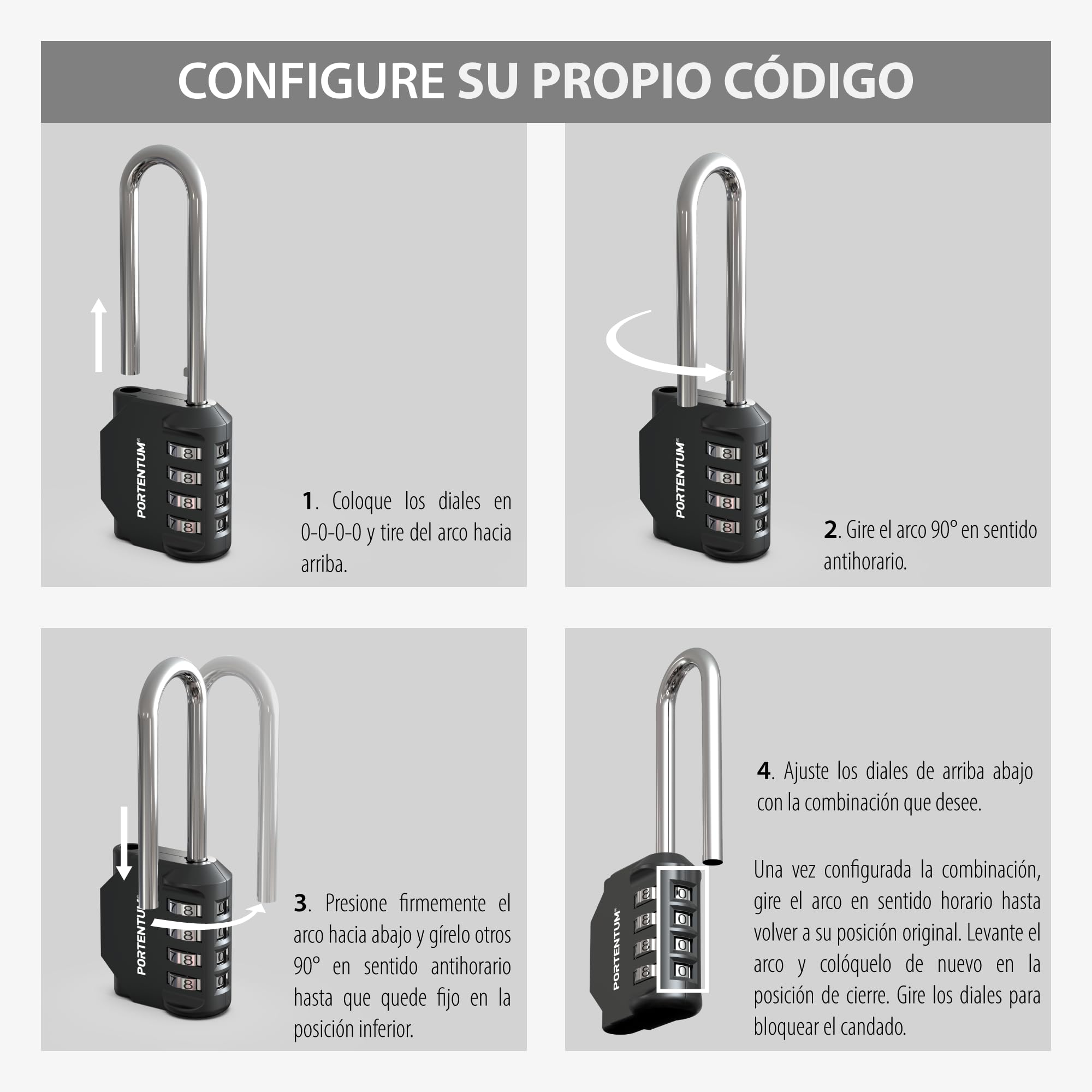 PORTENTUM Candado combinacion arco largo 4 dígitos – Caja de 20 candados en 10 packs de 2 – Candado exterior negro con arco de acero – Candado taquilla gimnasio para taquillas y trasteros