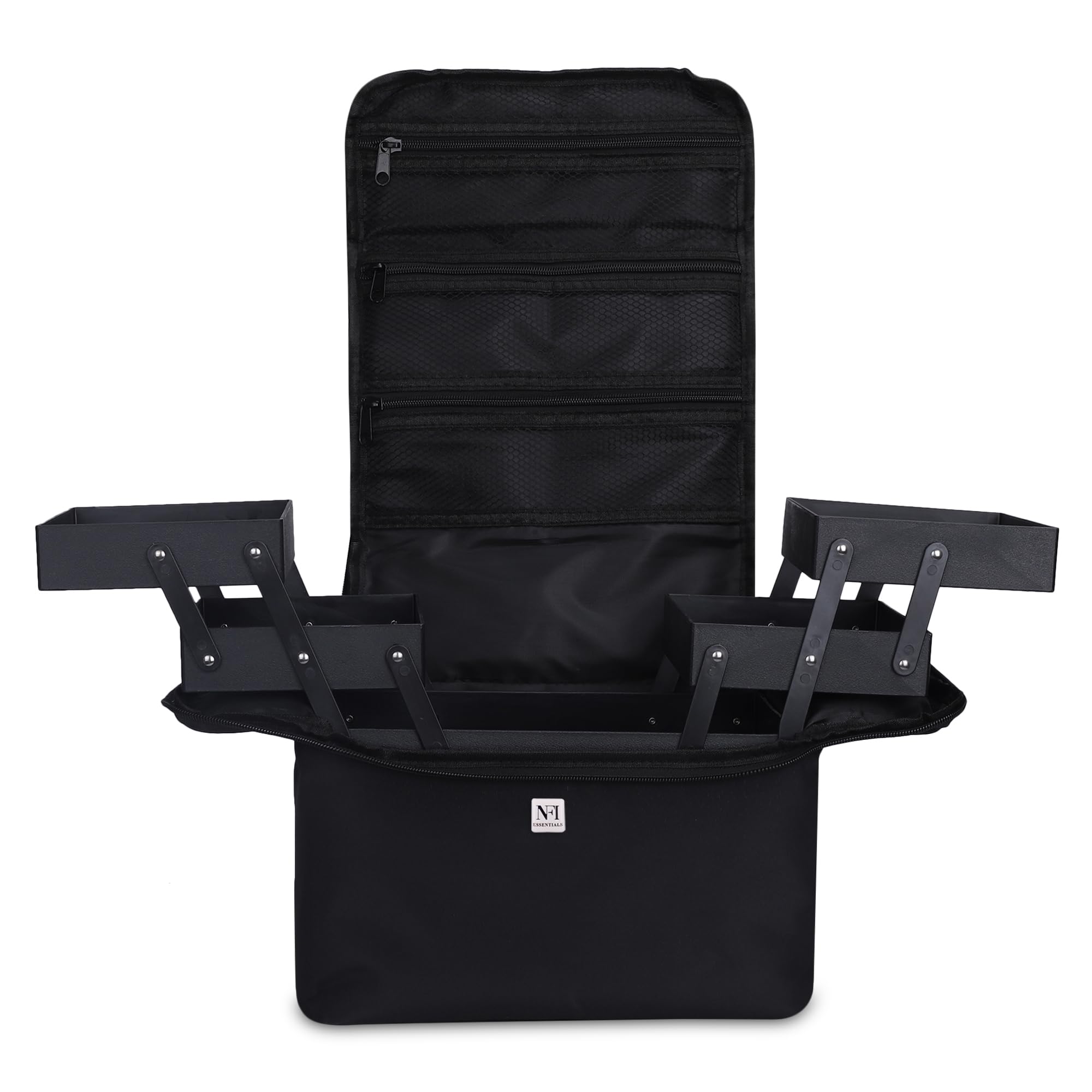 NFI essentials Large Makeup Case, Professional Beauty Train Case Bag, Leather Vanity Travel Brush Case With 4 Trays And Strap, Large Storage Make Up Box Cosmetics Organizer (Black-D2)