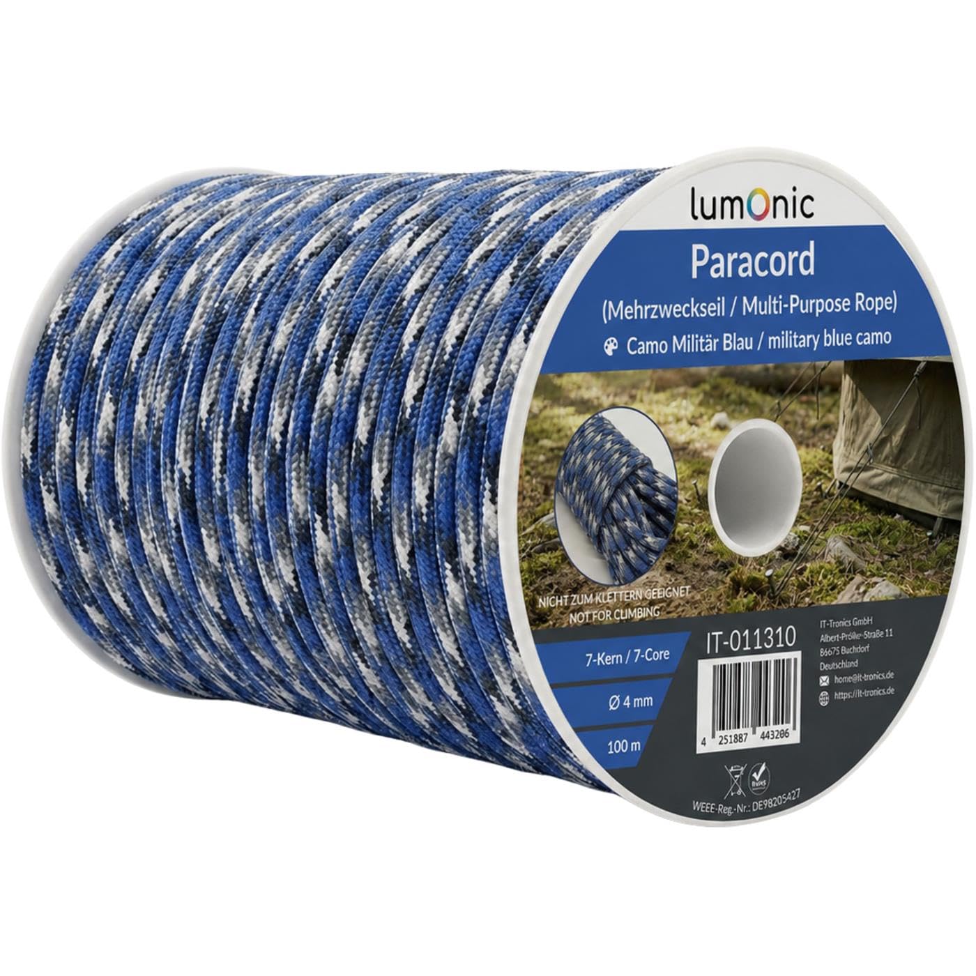 Paracord 4mm Lumonic bleu militaire en nylon 100m pour camping