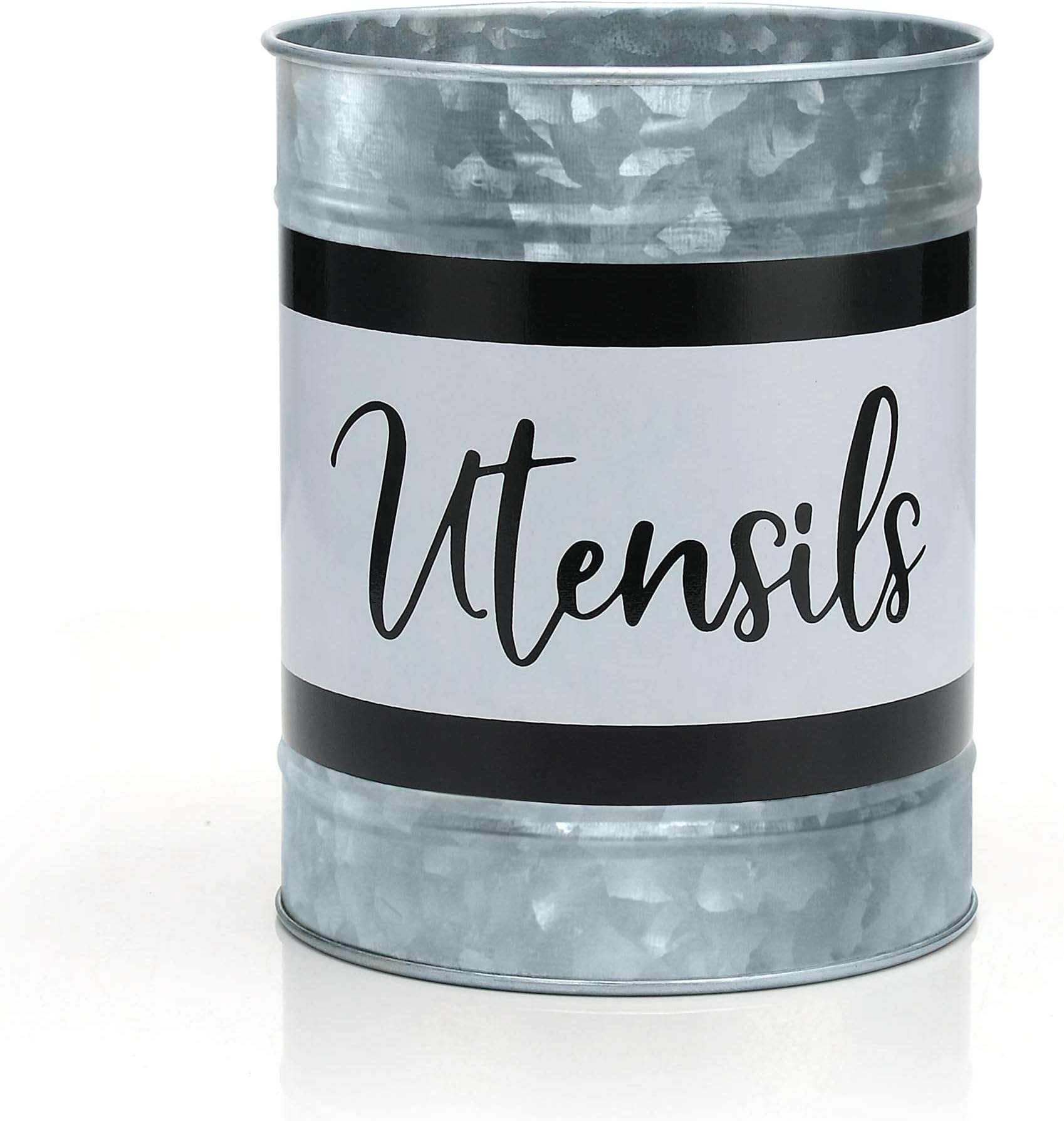 Kitchen Utensil Holder - Farmhouse Crock for Countertop Utensils, Black & White