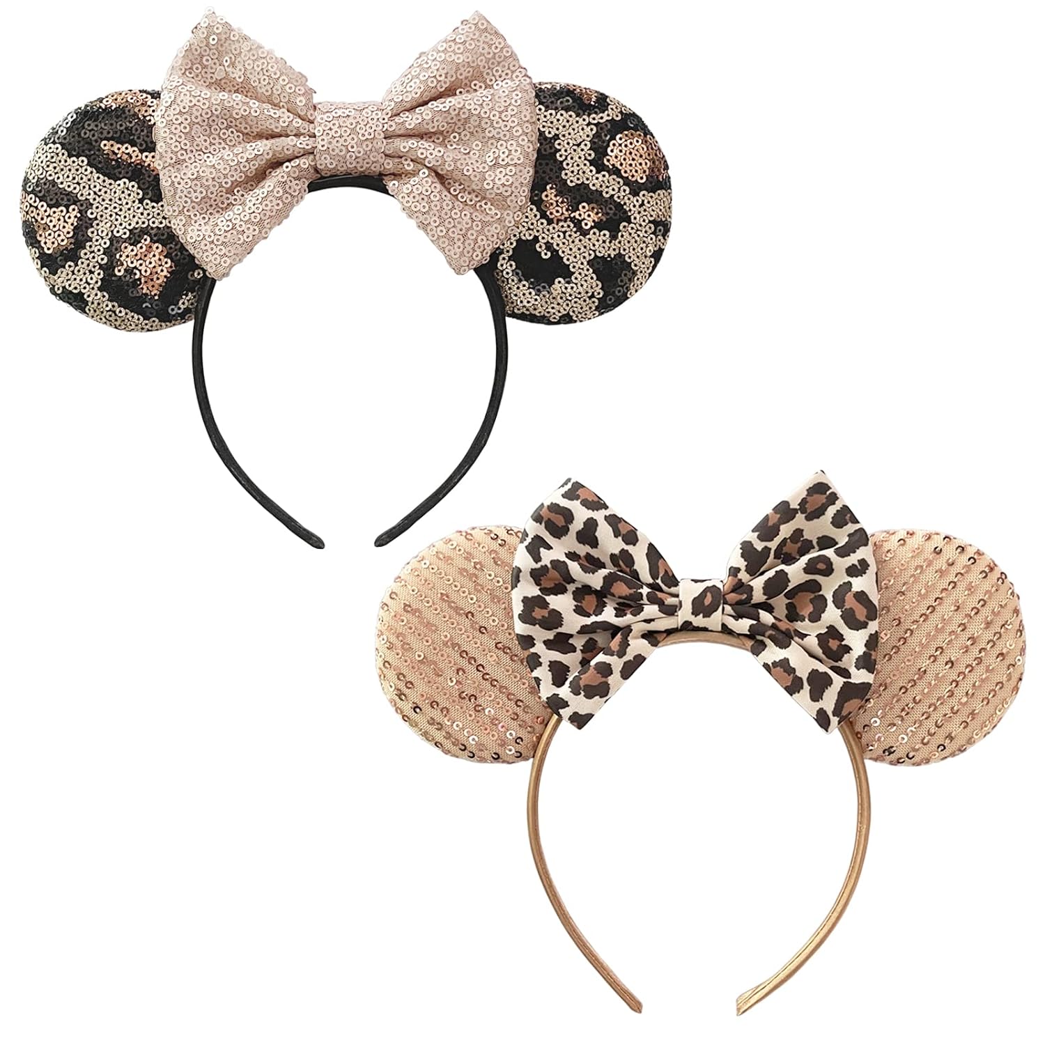 Bows Mouse Ears Headband - 2 Pcs Cute Sequin Headband for Women, Suitable for Halloween Variety Holiday Party Favors and Cosplay Role Play(Rose Gold and Leopard Print)