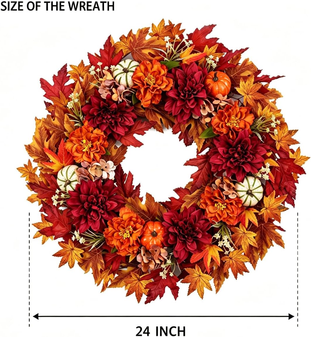 24“ Fall Dahlia Flower Pumpkin Wreath for Front Door