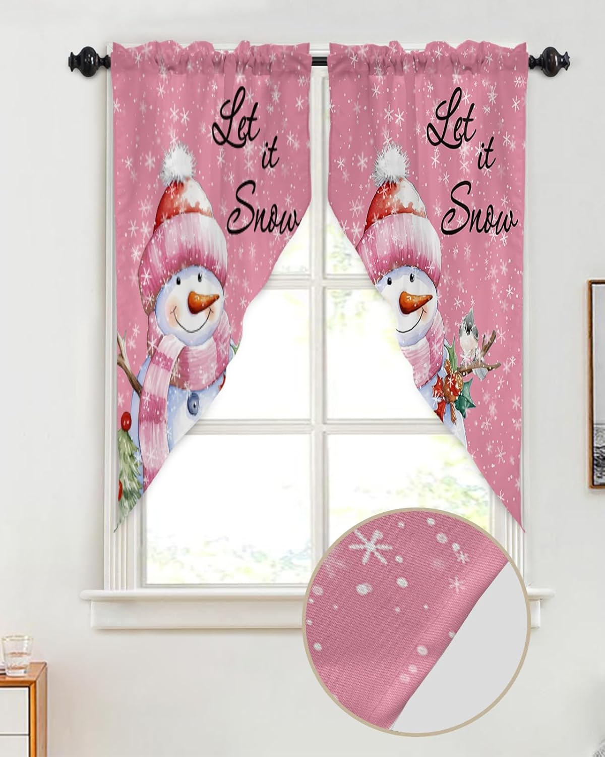 Christmas Curtains Swag Valance Snowman with Robin Pink Rod Pocket Kitchen Curtains Winter Holiday Window Treatment Valances Swag Curtains for Christmas Decorations, 1 Pair, 36"W x 36"L