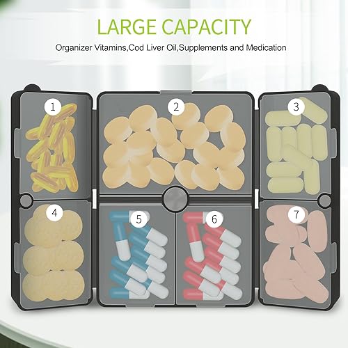 Miniatura 2 de FYY Organizador diario de píldoras, 7 compartimentos, organizador de píldoras de viaje, diseño plegable, pastillero grande para bolsillo para bolsa