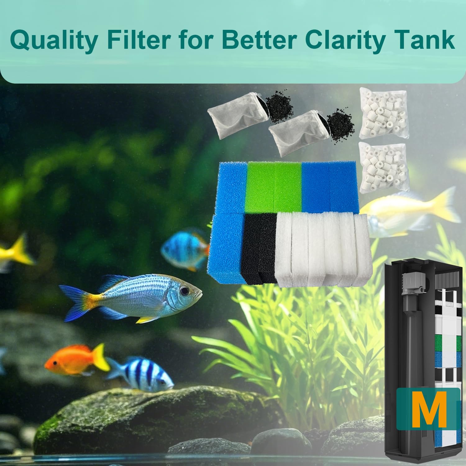 beaufan Aquarium filtermediaset, compatibel met Juwel Bioflow 3.0 M (2 blauwe fijne spons, 2 blauwe grove sponzen, 2 groene sponzen, 2 actieve koolsponzen, 6 filterwatten, 2 koolfilters, 2 keramische