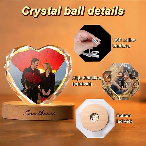 Miniatura 5 de Regalo personalizado con foto de cristal, imagen grabada en el interior de cristal de corazón con base LED, regalo único de aniversario, cumpleaños,