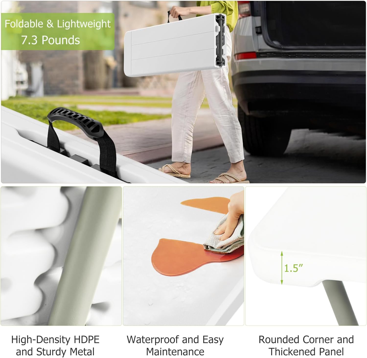 FurnitureR 6FT Folding Bench with Carry Handle, Plastic Rectangular Fold-in-Half Benches with Metal Legs, Indoor and Outdoor Picnic Party Camping Dining Seat, No Assembly Required, 2 Pack, White