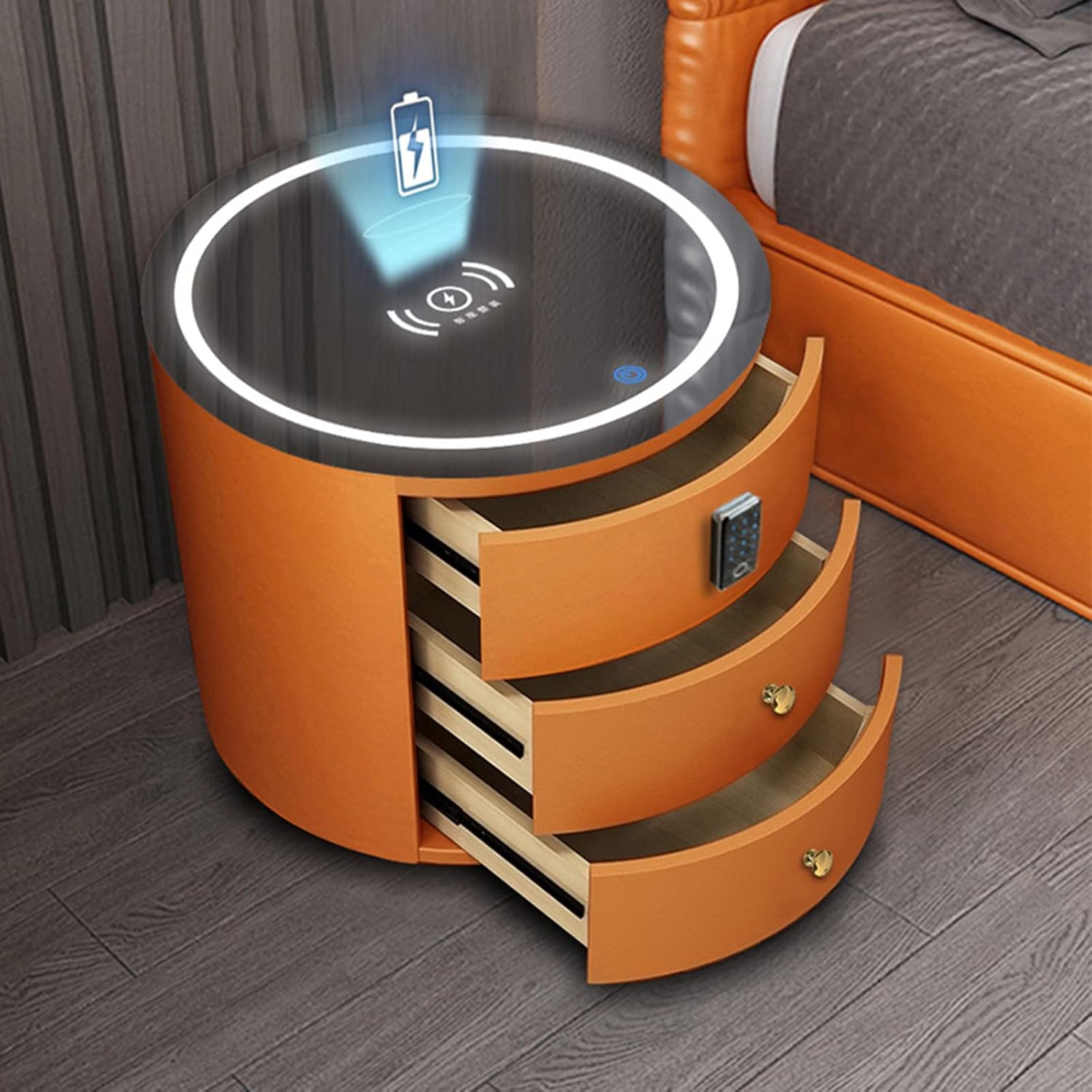 Nightstand Round Smart Bedside Tables Wireless Charging Mini Side Desk with LED Light