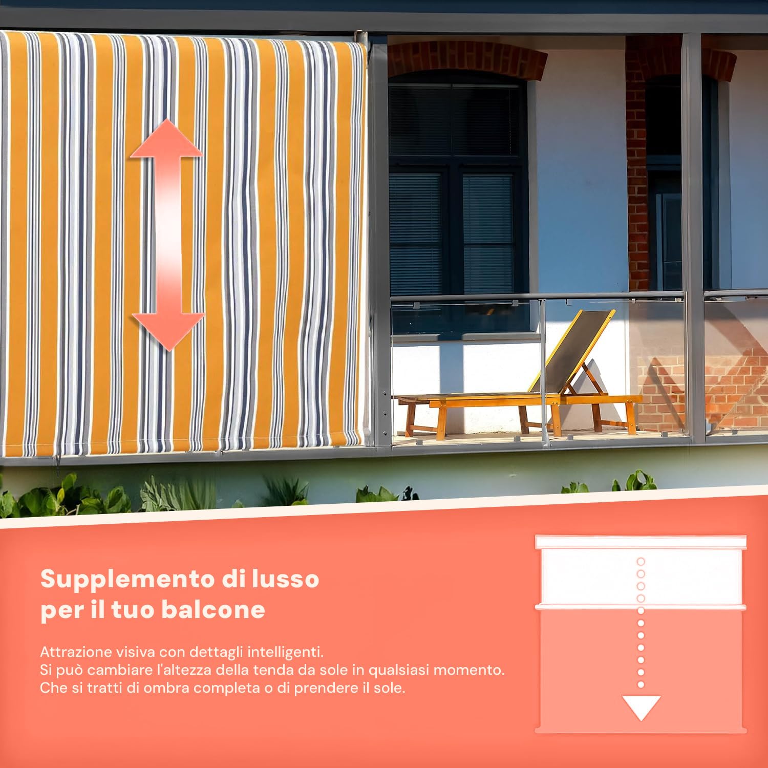 Tenda da Sole a Caduta 150x250 cm con Rullo in Alluminio, Parasole Esterno a Righe Gialle, Attacco Soffitto Incluso