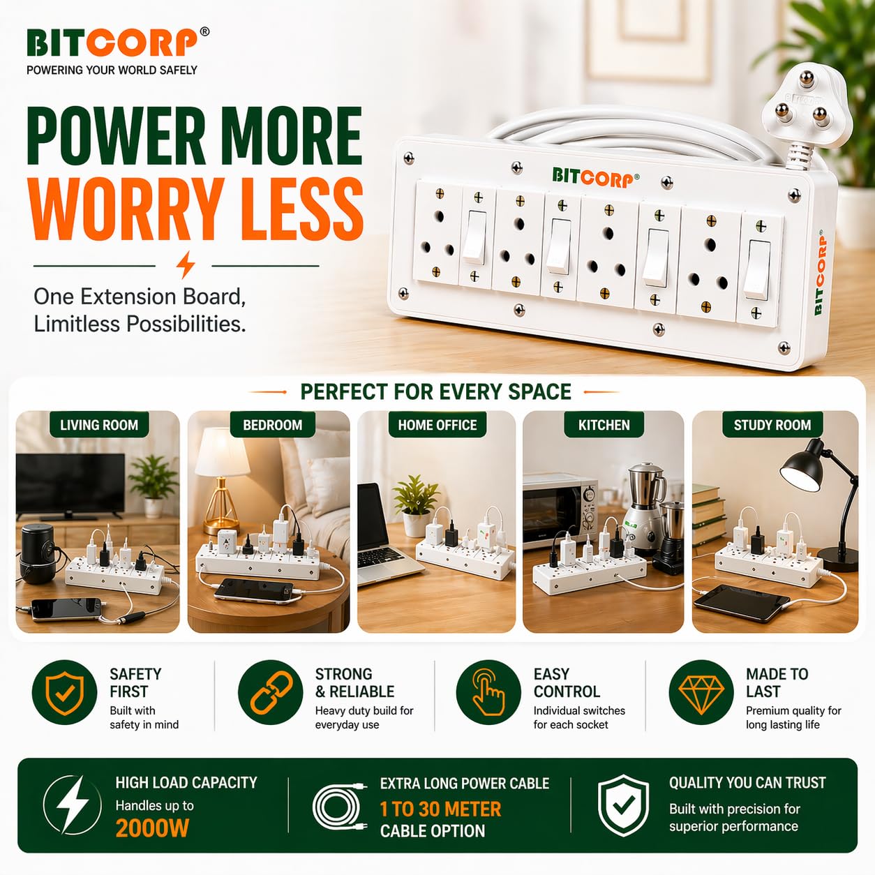 BITCORP 6A Extension Board - 4 Outlets, 1500W -6