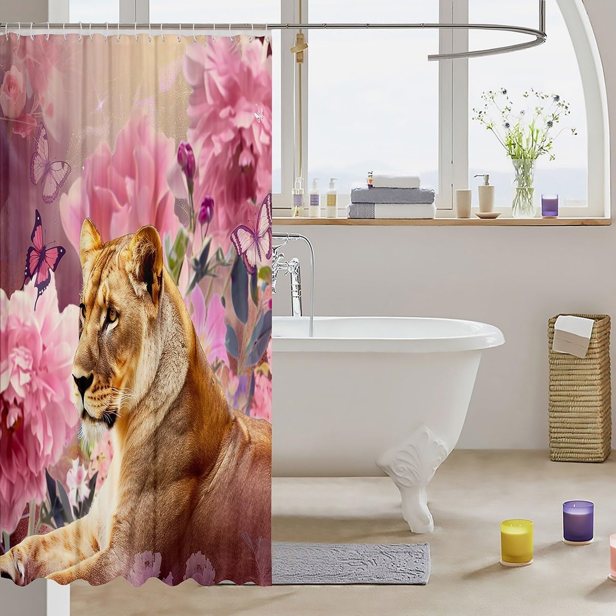 Lion Bath Curtain Pink Rose Shower Curtain African Safari Animals Bathroom Sets For Kids Girls Women Lionesses Butterfly Flowers Watercolor Fabric Shower Curtains Sets Waterproof 72W x 84L