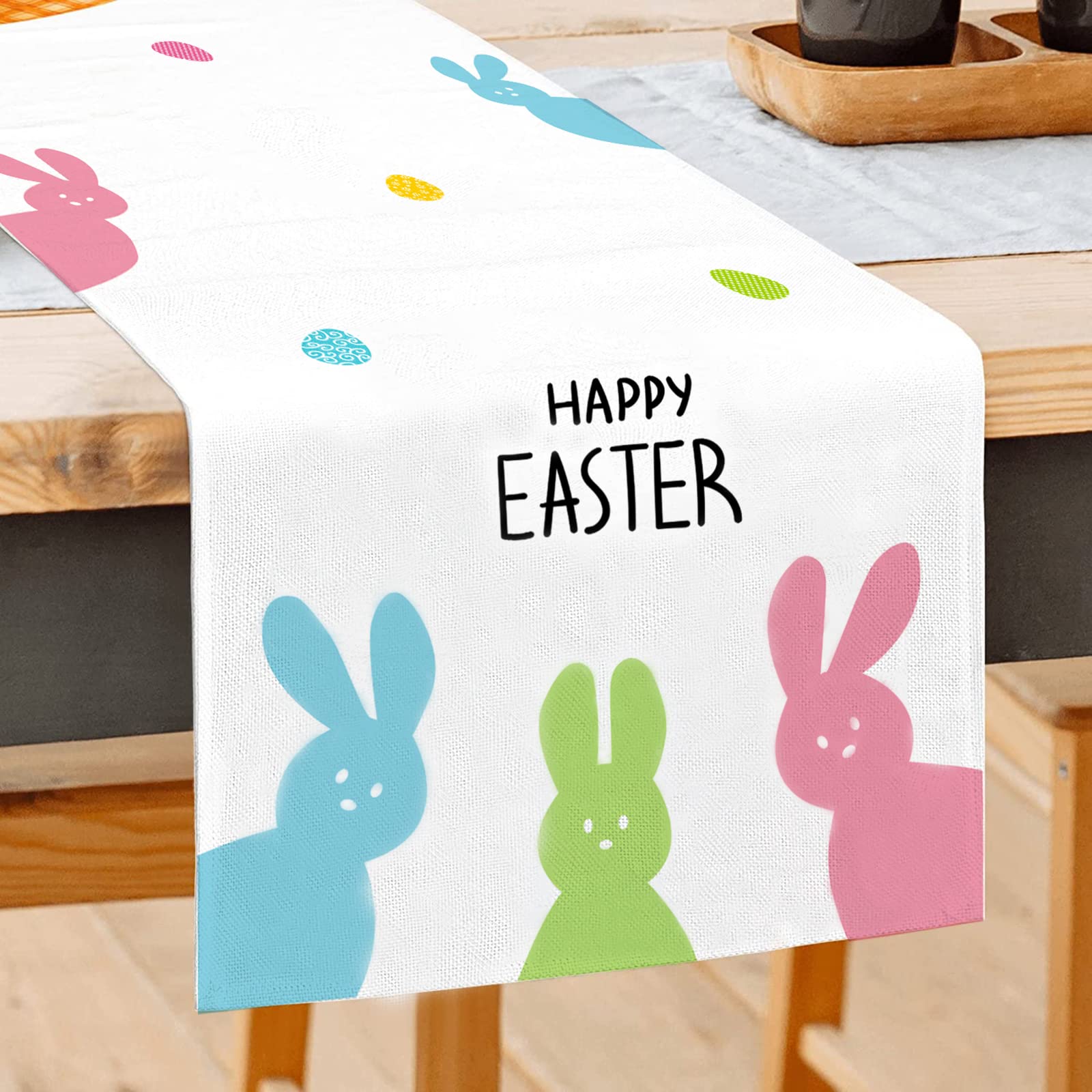 Easter Table Runner - Happy Easter Bunny Table Runner Holiday Cute Rabbit Kitchen Dining Tabletop Decoration Table Topper 13 X 72 Inch