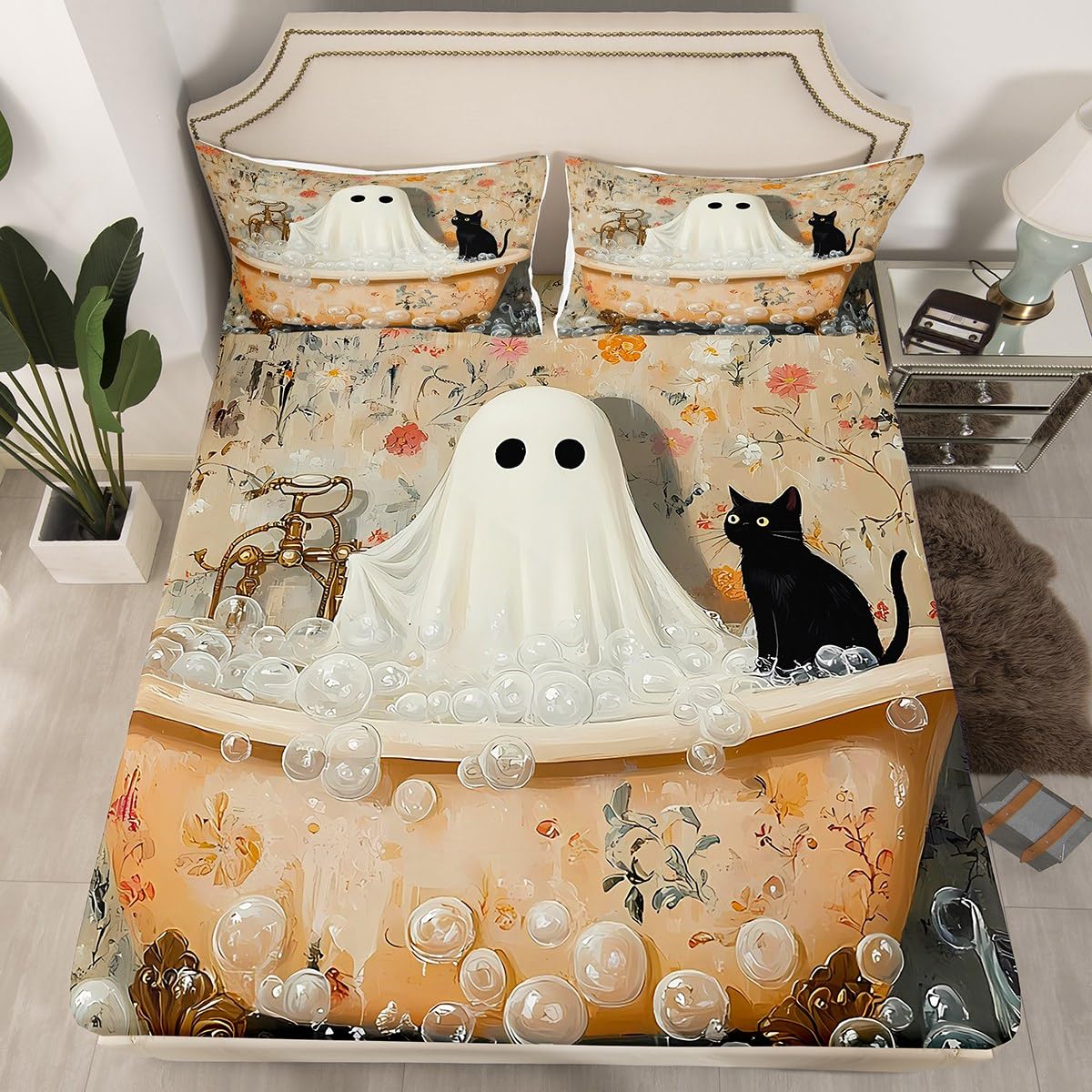 Parure de lit grand lit motif chat amusant d'Halloween avec drap-housse à bulles rustique