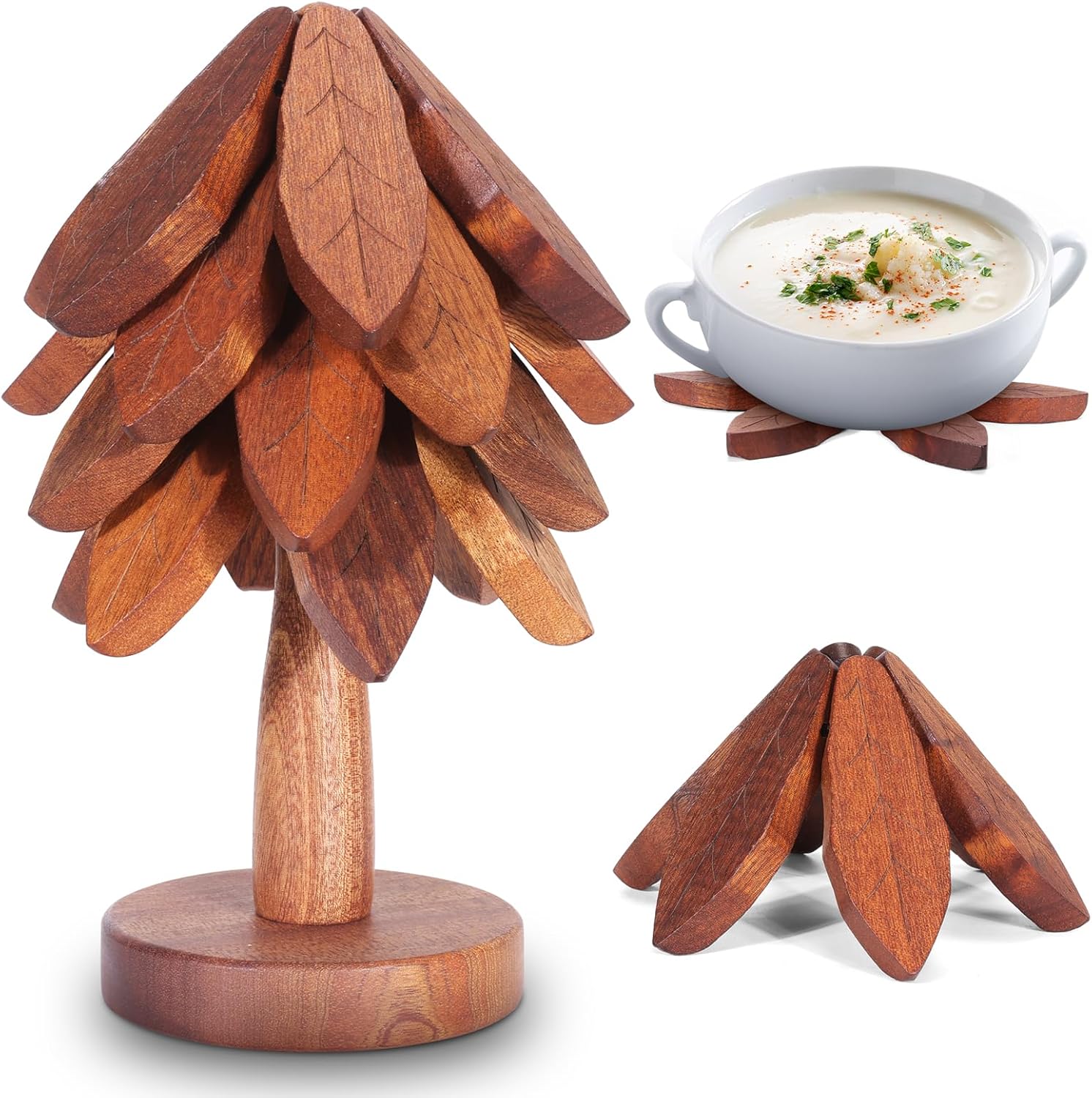 Wood Trivet Set For Hot Dishes - Tree Shape Trivets With Stand For Kitchen & Dining