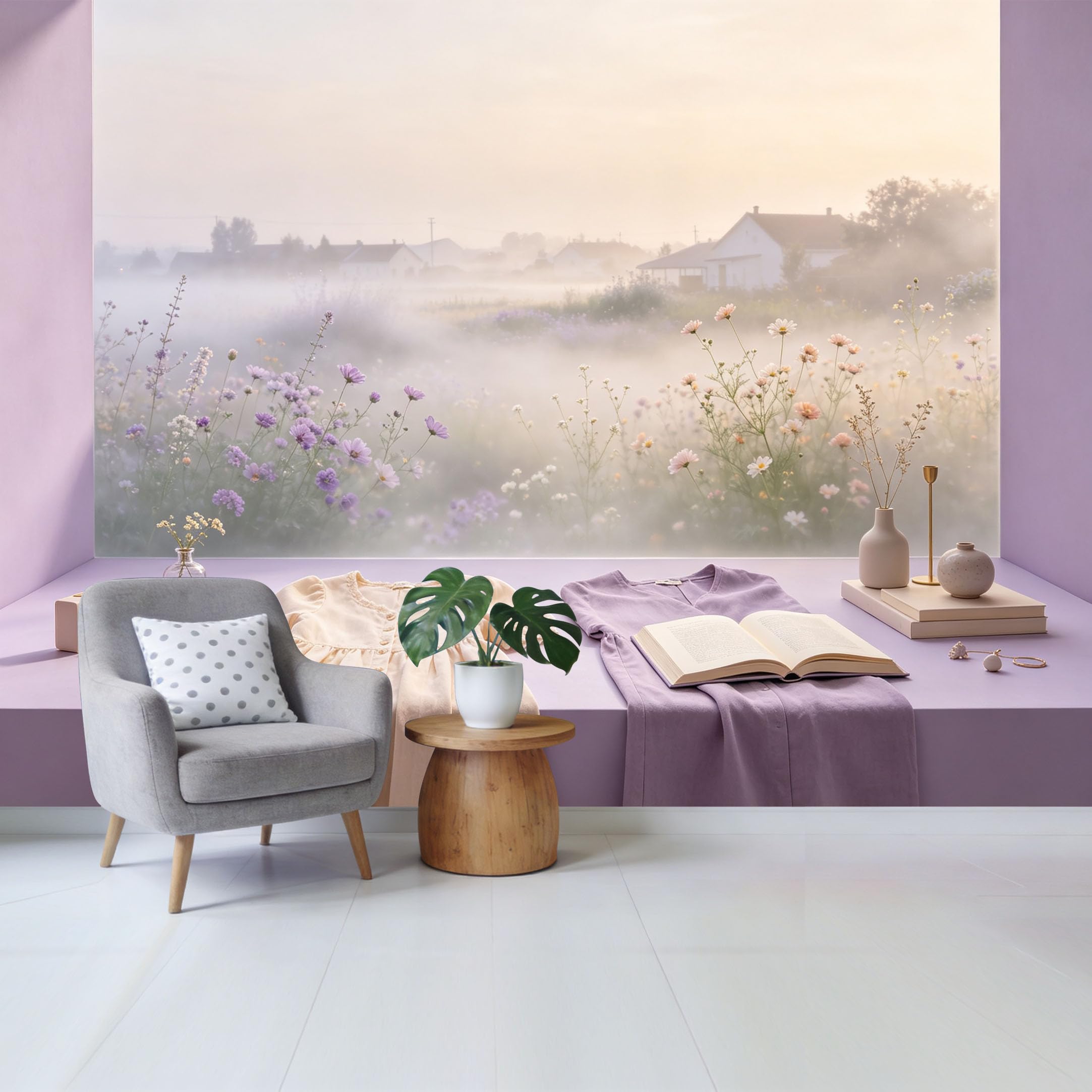 Qzlithotic Yq2605250617 Custom Size Wall Mural Misty Morning Countryside Landscape Wildflower Garden Watercolor Aesthetic Selfadhesive Wall Fabric Removable Wallpaper For Home Office Decor