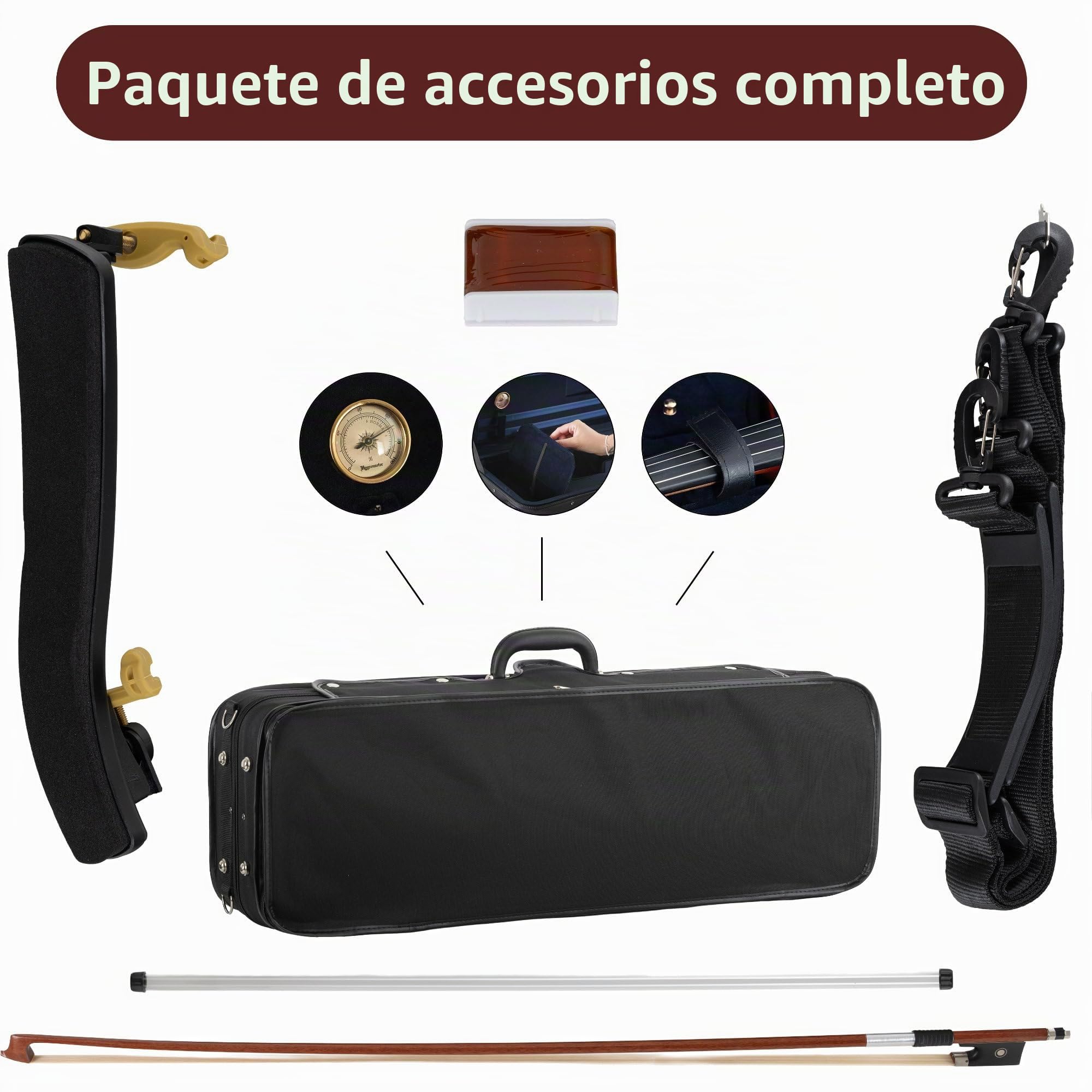 Classic Cantabile Brioso Set De Violín 4/4, Tapa tallada de pícea maciza | Fondo y aros de arce flameado, Diapasón, clavijas, cordal, cejuela y mentonera de ébano, Puente: arce, Longitud: 59, 5 cm