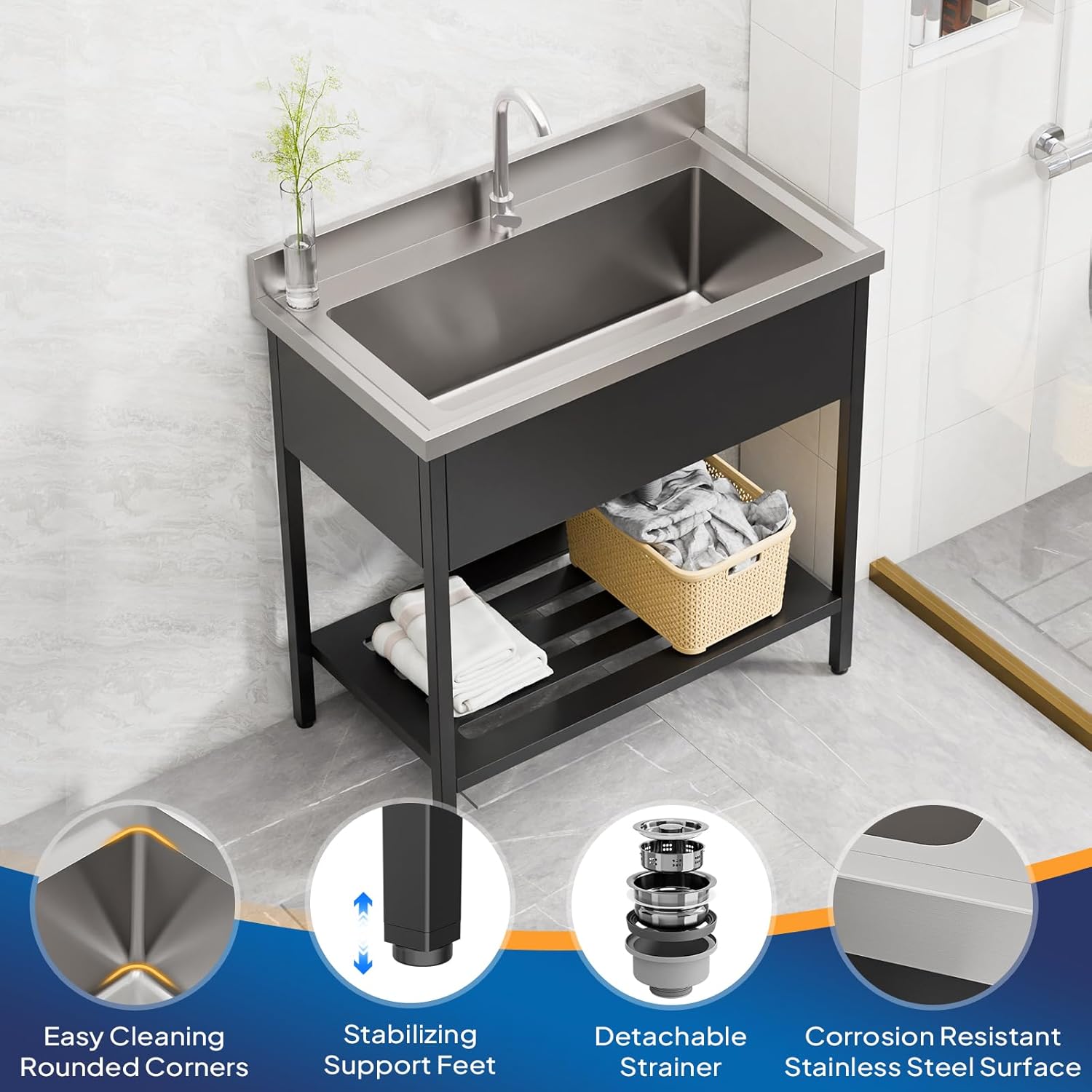 ROVSUN Stainless Steel Black Utility Sink, Free Standing Sink with Faucet & Legs for Laundry Room, Kitchen, Restaurant, Garage, Outdoor Garden, Backyard, Commercial, Industrial 20"D x 36"W x 38.39"H