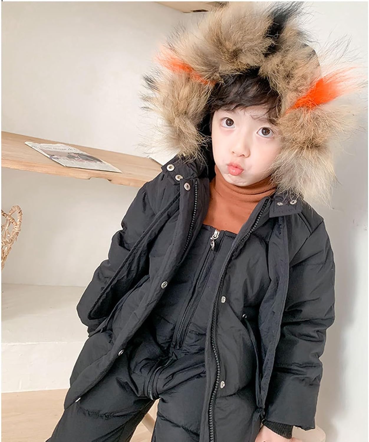 2 Piece Snowsuit Set for Boys Girls Cute Hoodie Zipper Waterproof Ski Jacket Windproof Overall Winter Thick Warm Suit