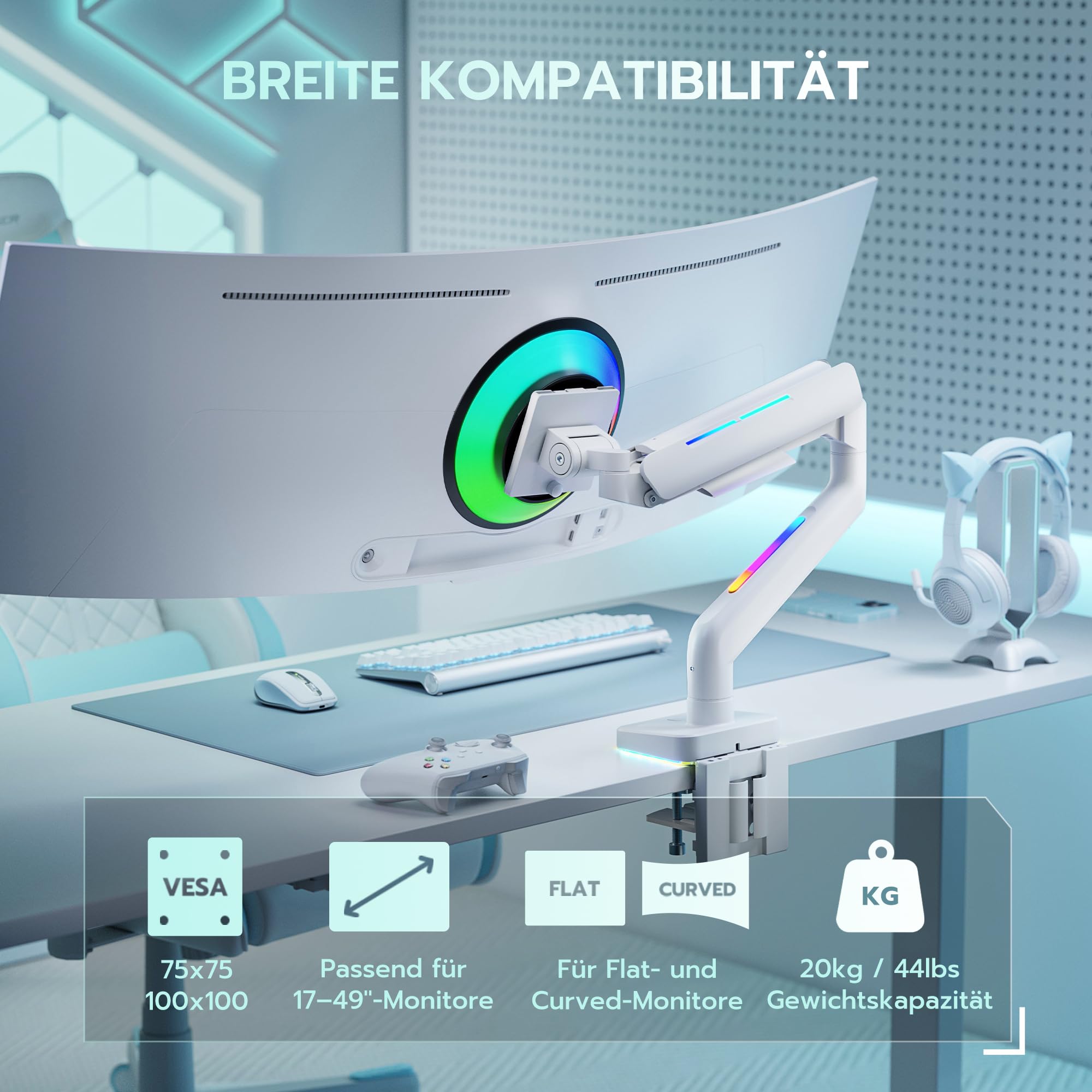 ARES WING RGB Gaming Monitor Halterung für 17-49" Monitore,Weiß | Monitor Arm für schwere 20 kg Flach & Curved Monitore, höhenverstellbarer Monitorarm, für Gamer Designed