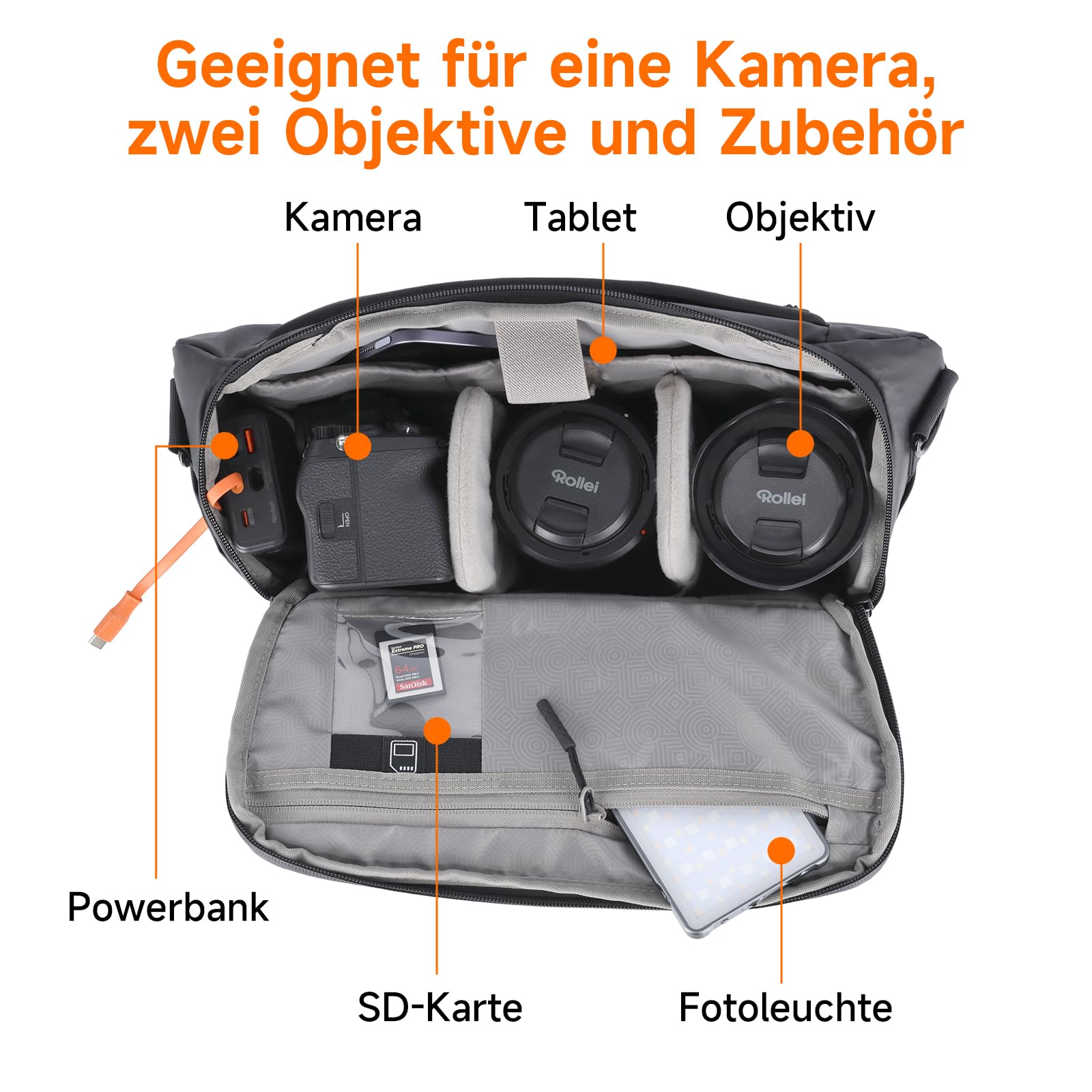 Kameratasche, Rollei Fotoliner Ocean Bag L Kamera Tasche Groß Fototasche | Wasserdichte Umhängetasche Camera Bag für DSLR SLR Zubehör Schwarz Kameratasche-Kamera-Tasche-Fototasche-Umhängetasche
