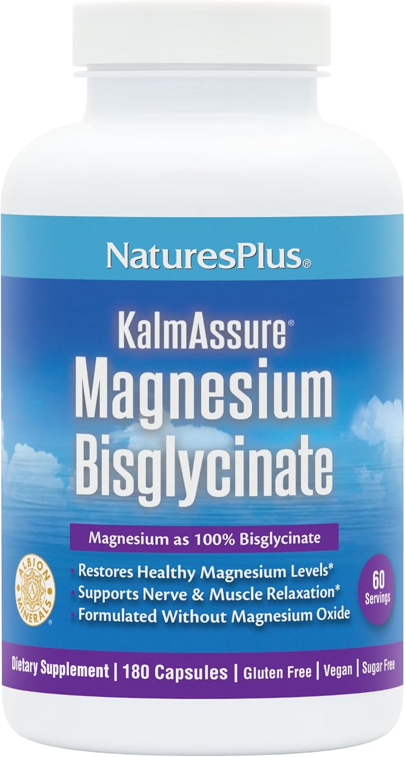 NaturesPlus KalmAssure Magnesium Bisglycinate - 180 Capsules - Supports Nerve & Muscle Relaxation - Formulated Without Magnesium Oxide - 60 Servings