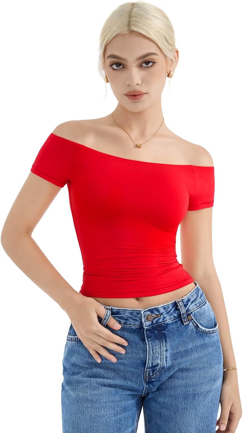 SUUKSESS Women Double Lined Off The Shoulder Tops Fitted Going Out Basic Shirts