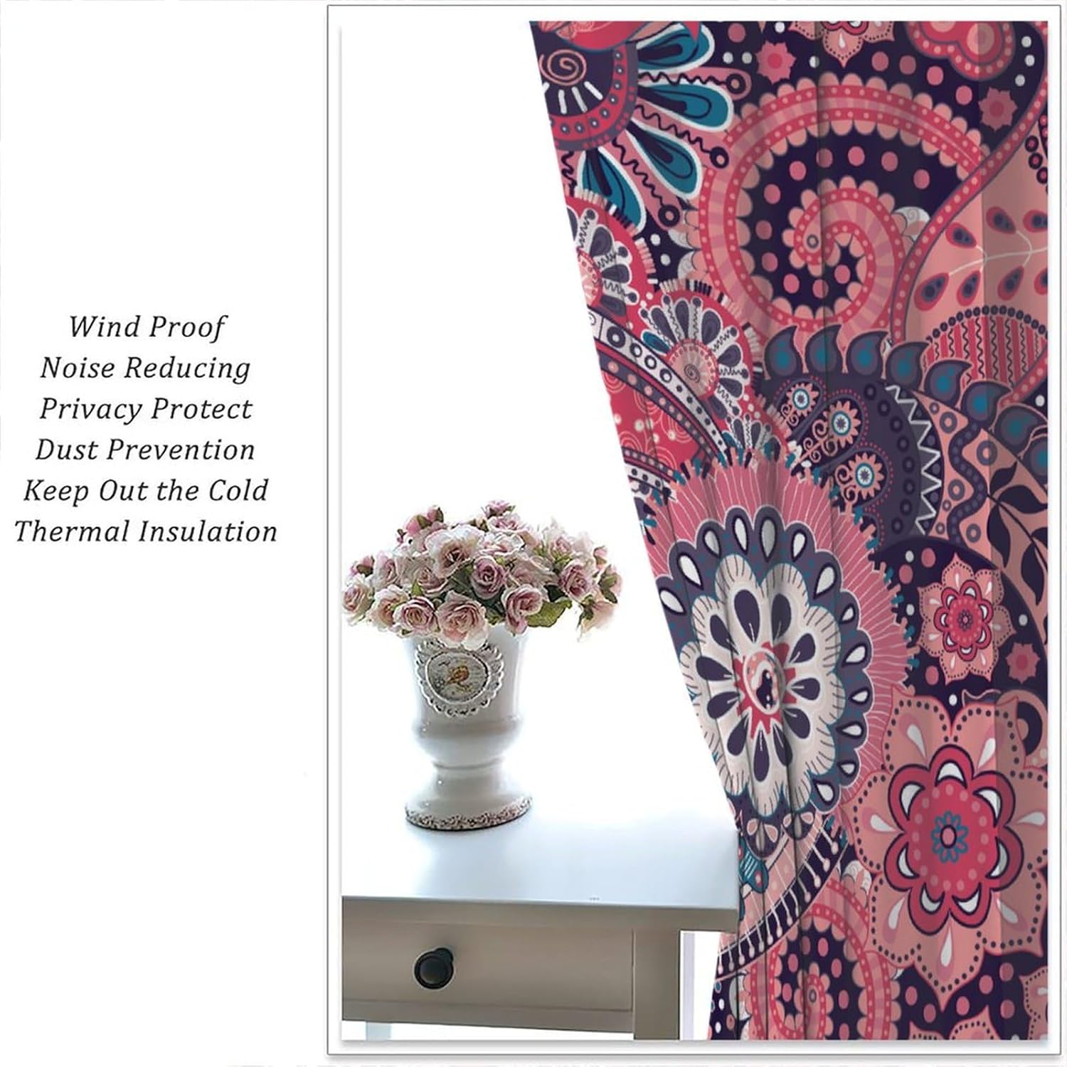 Boho Paisley Decor Blackout Curtains, Damask Retro Ethnic Rustic Paisley Floral Print Rod Pocket Window Treatments Drapes for Bedroom Living Room Home Decor42x45in